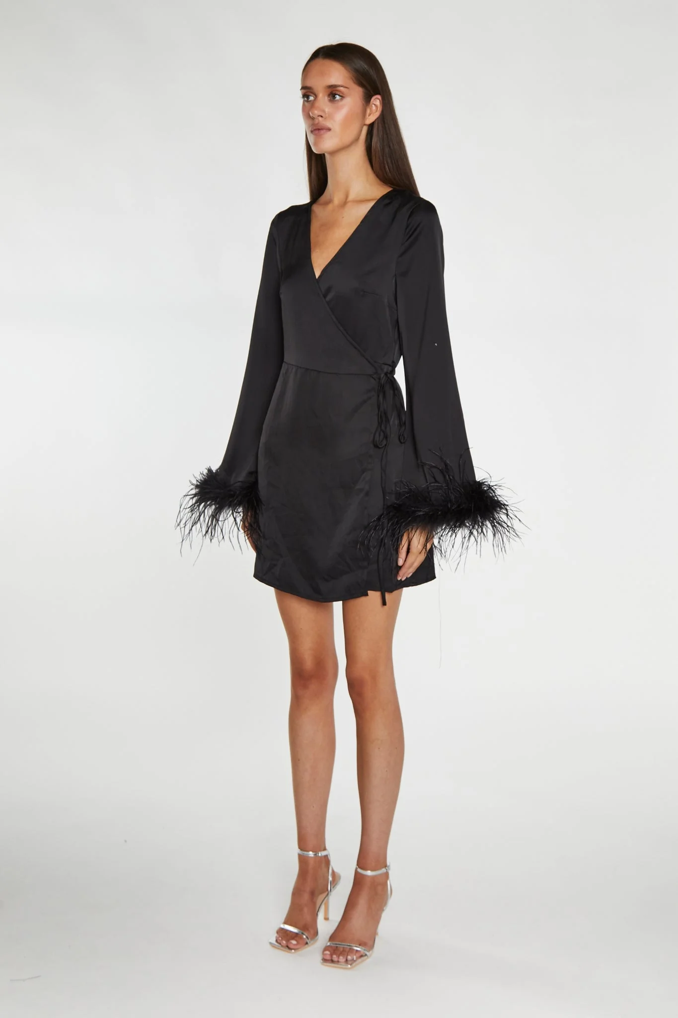 Black-Satin Feather Trim Wrap Mini-Dress - Image 4