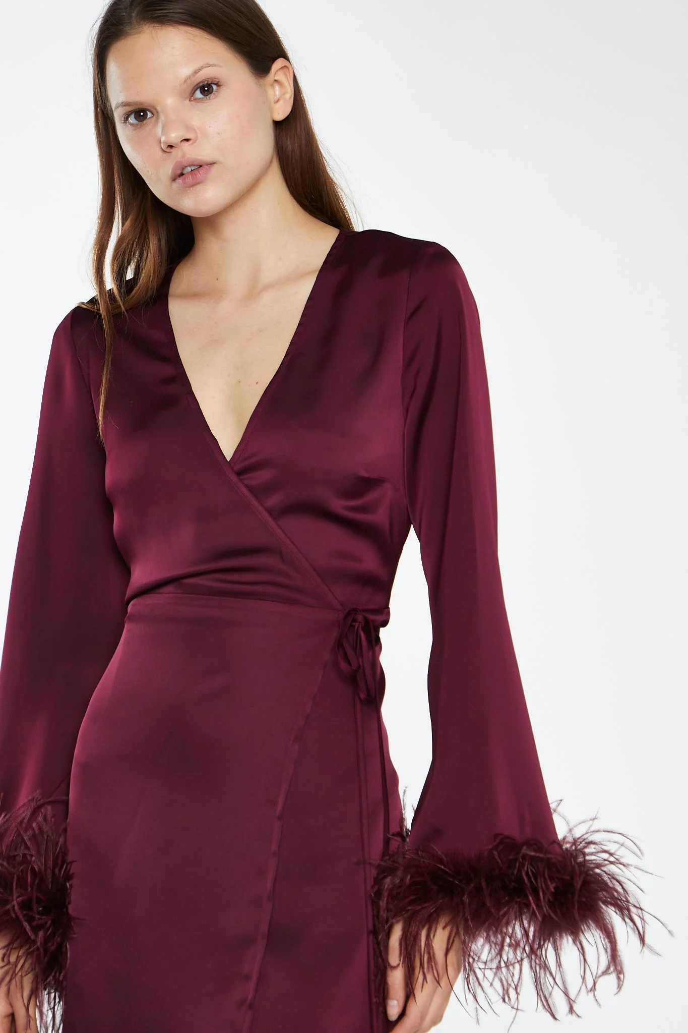 Deep-Burgundy Satin Feather Trim Wrap Mini-Dress - Image 3