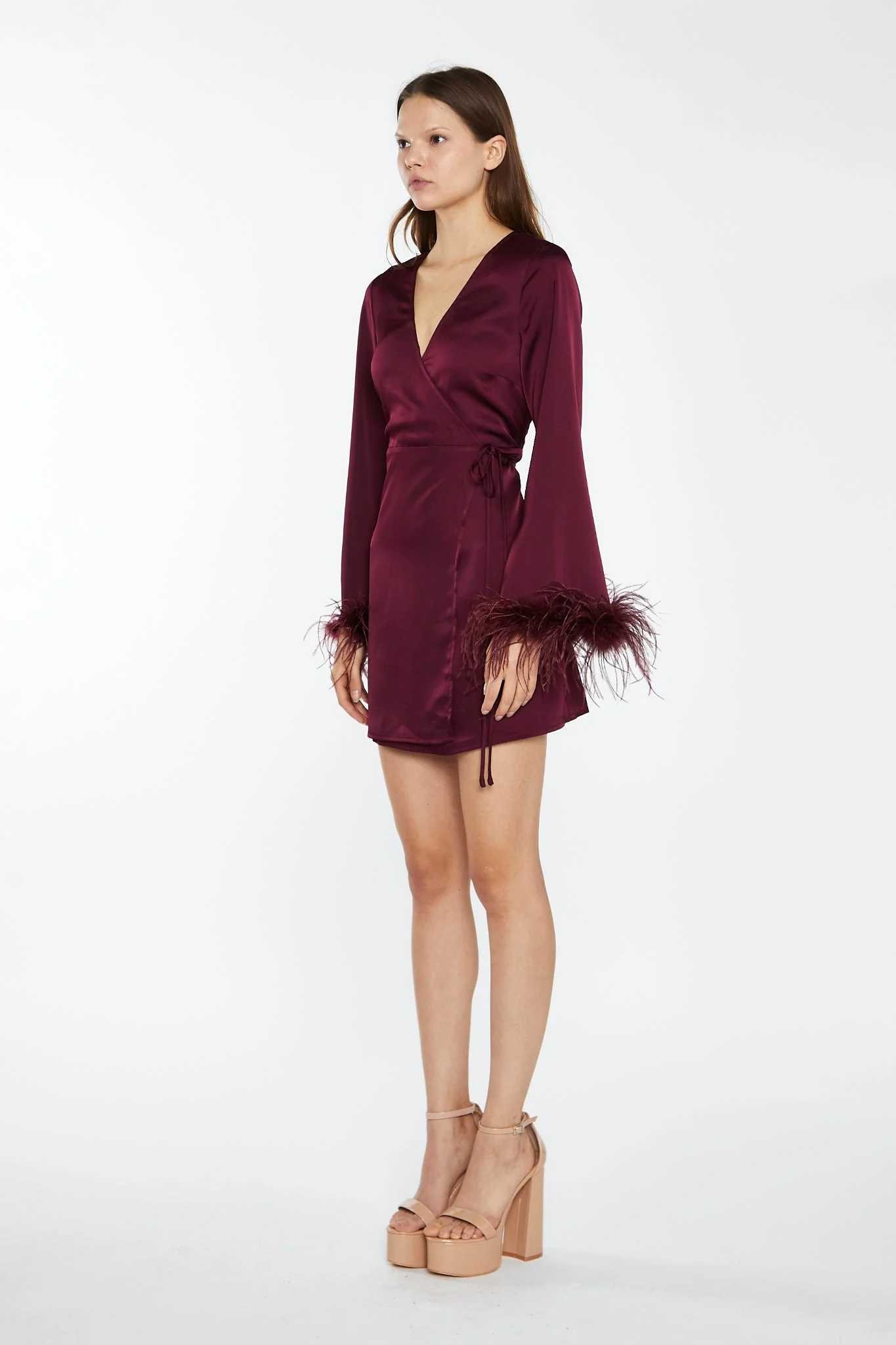 Deep-Burgundy Satin Feather Trim Wrap Mini-Dress - Image 4
