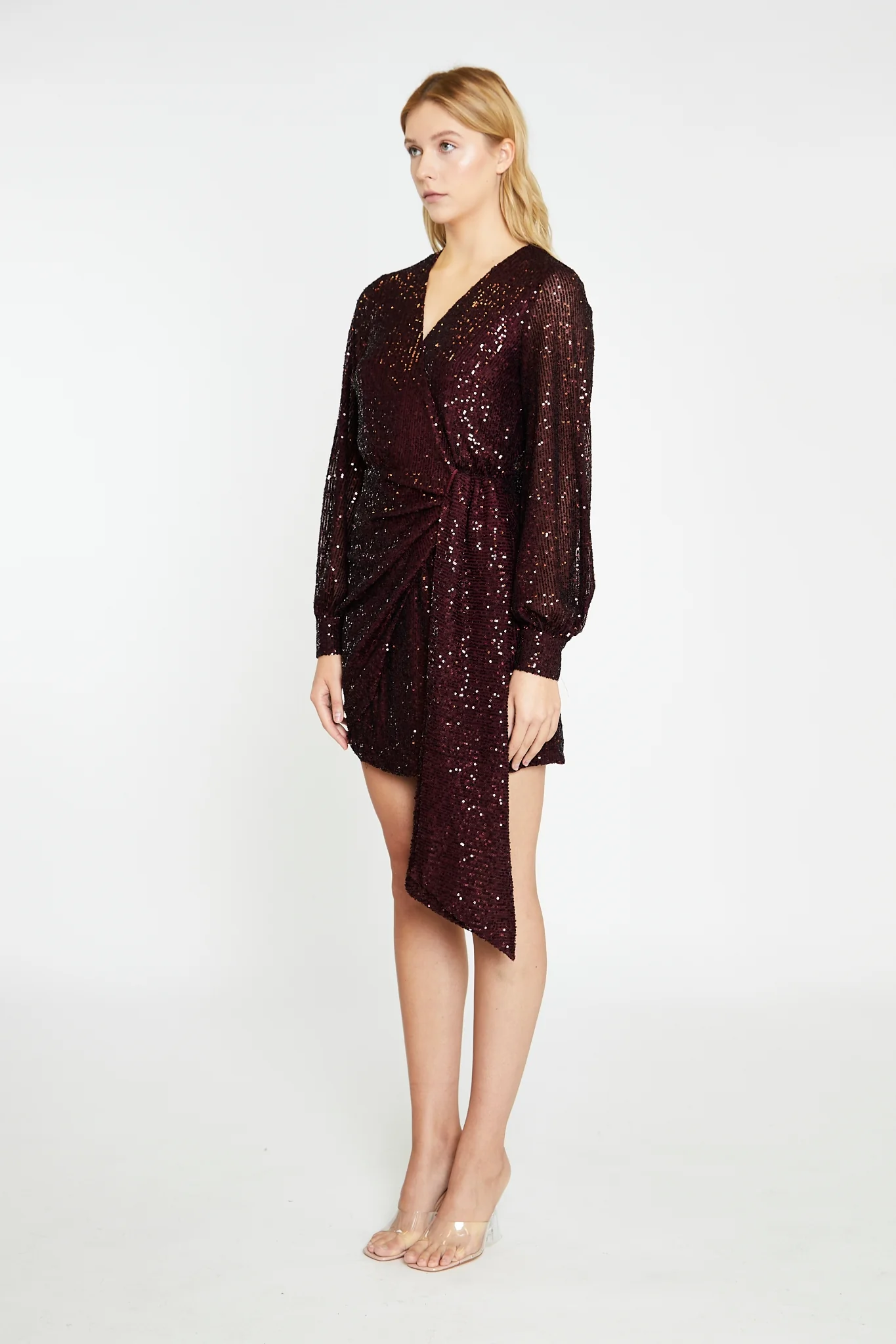 Port-Red Sequin Wrap-Front Mini-Dress - Image 3