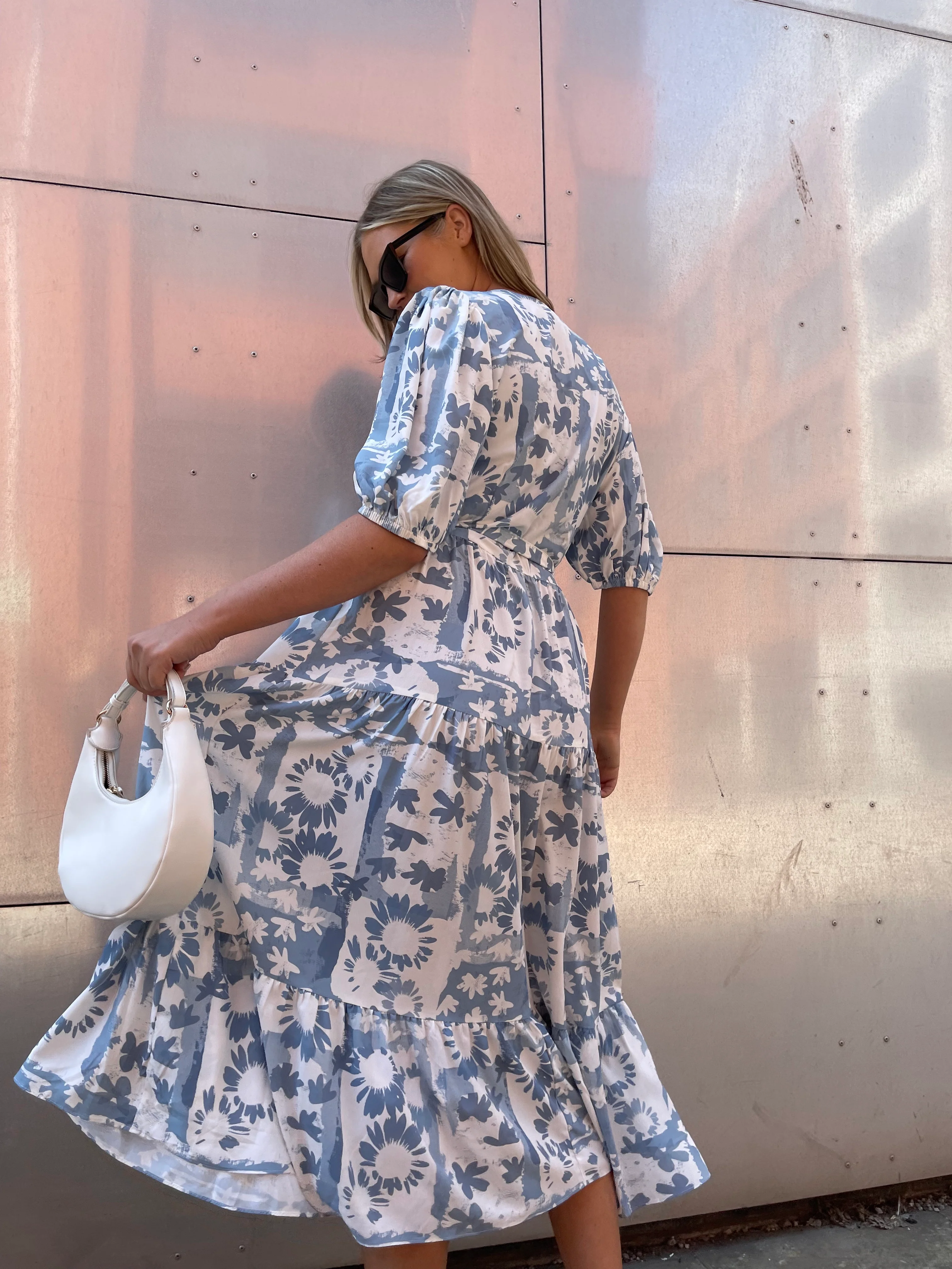 Blue Flower Collage Tiered Wrap Maxi-Dress - Image 2