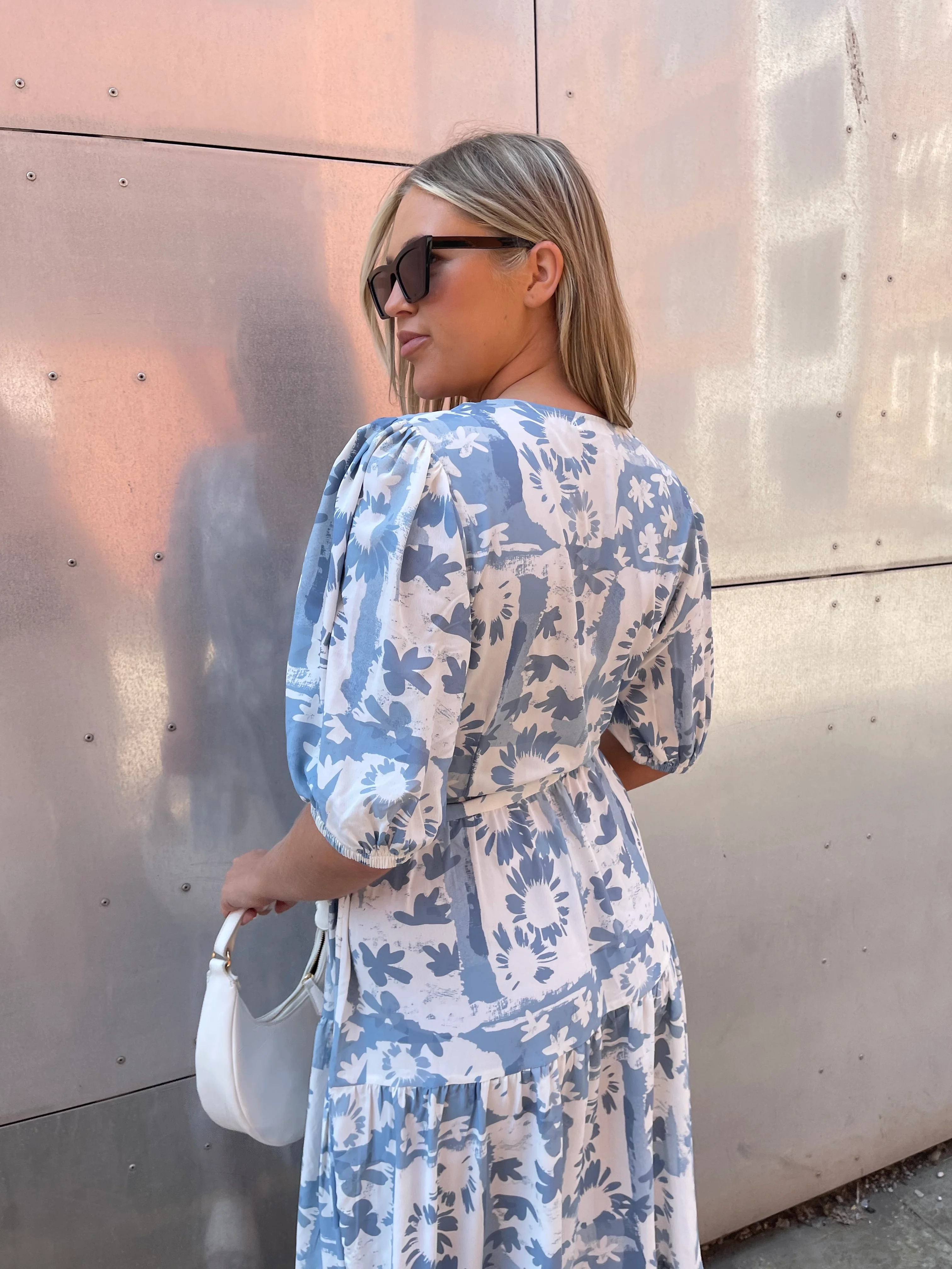 Blue Flower Collage Tiered Wrap Maxi-Dress - Image 4
