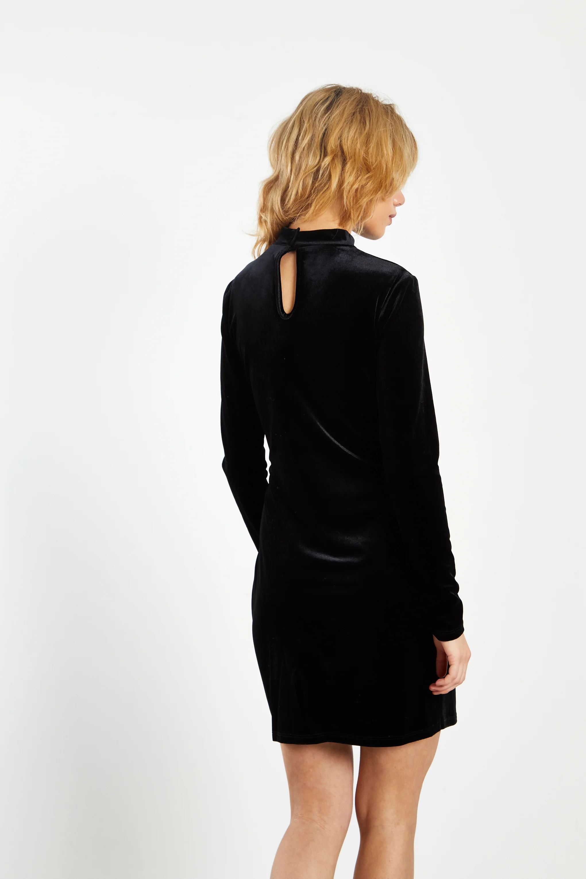 Glamorous Black Velvet High Neck Mini Dress with Front Side Split - Image 2