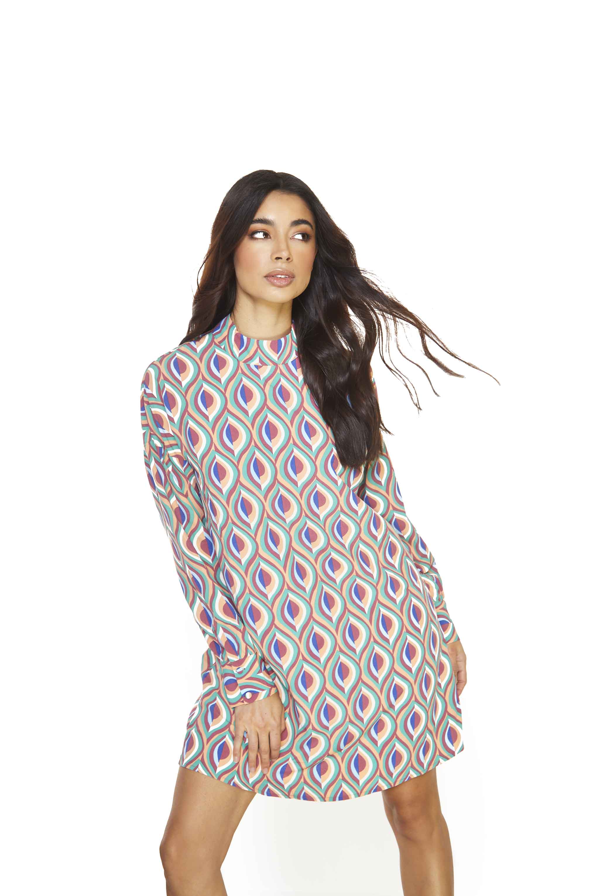 Glamorous Multi Geo Swirl High Neck Oversized Mini Dress - Image 3