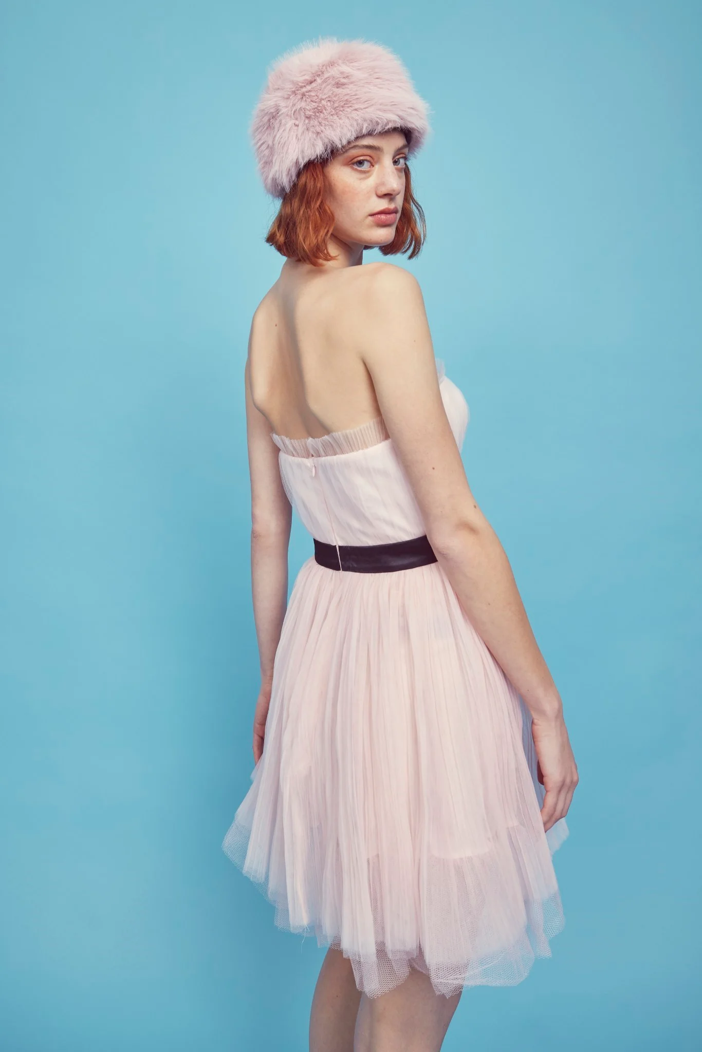Light-Pink V- Neck Puff Ball Strapless Mini Dress - Image 4