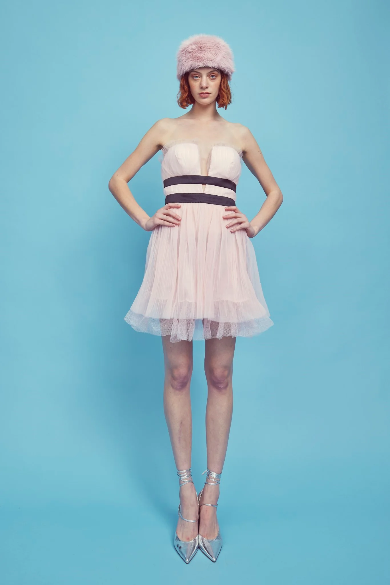 Light-Pink V- Neck Puff Ball Strapless Mini Dress - Image 5