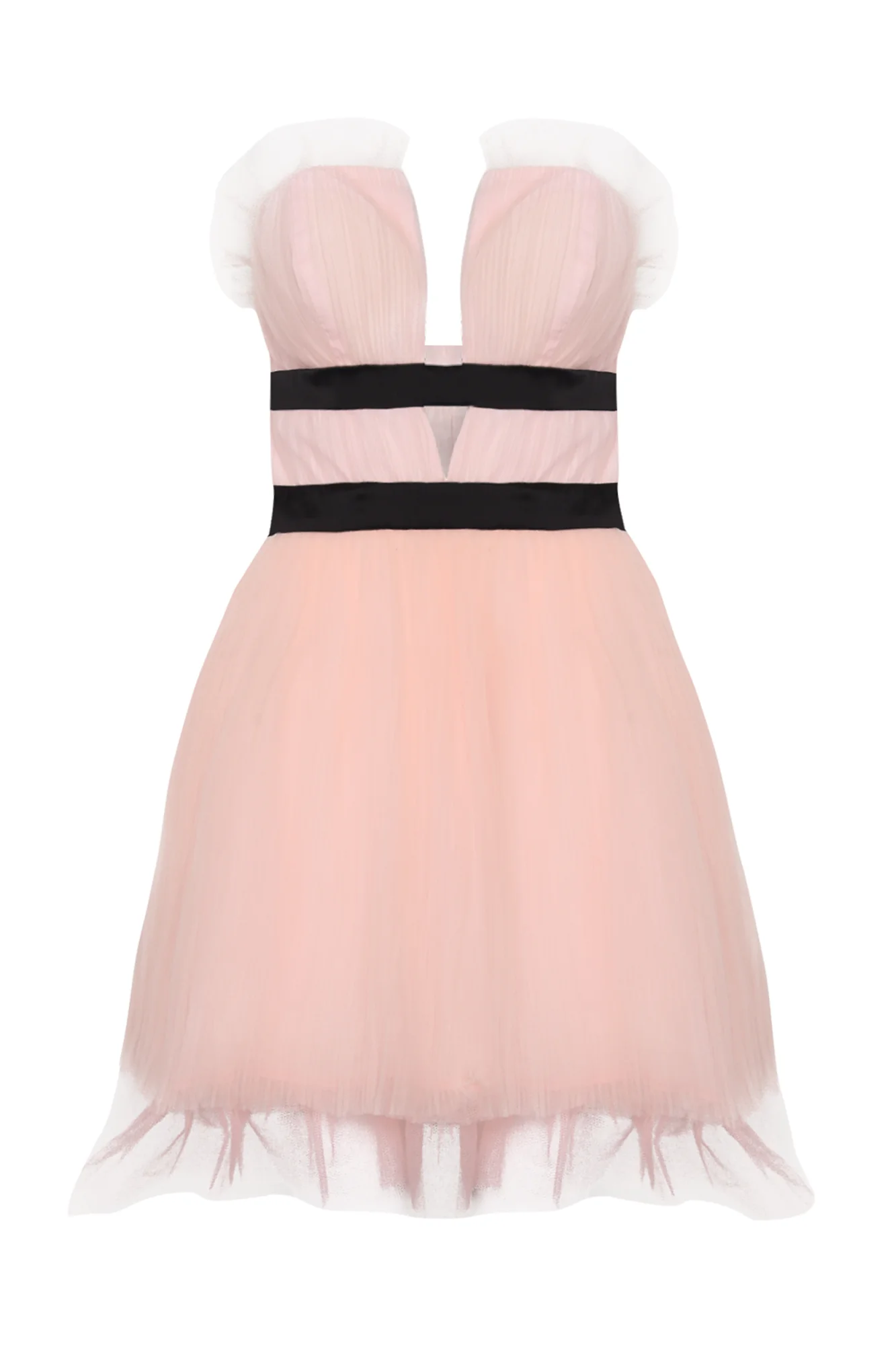 Light-Pink V- Neck Puff Ball Strapless Mini Dress - Image 8