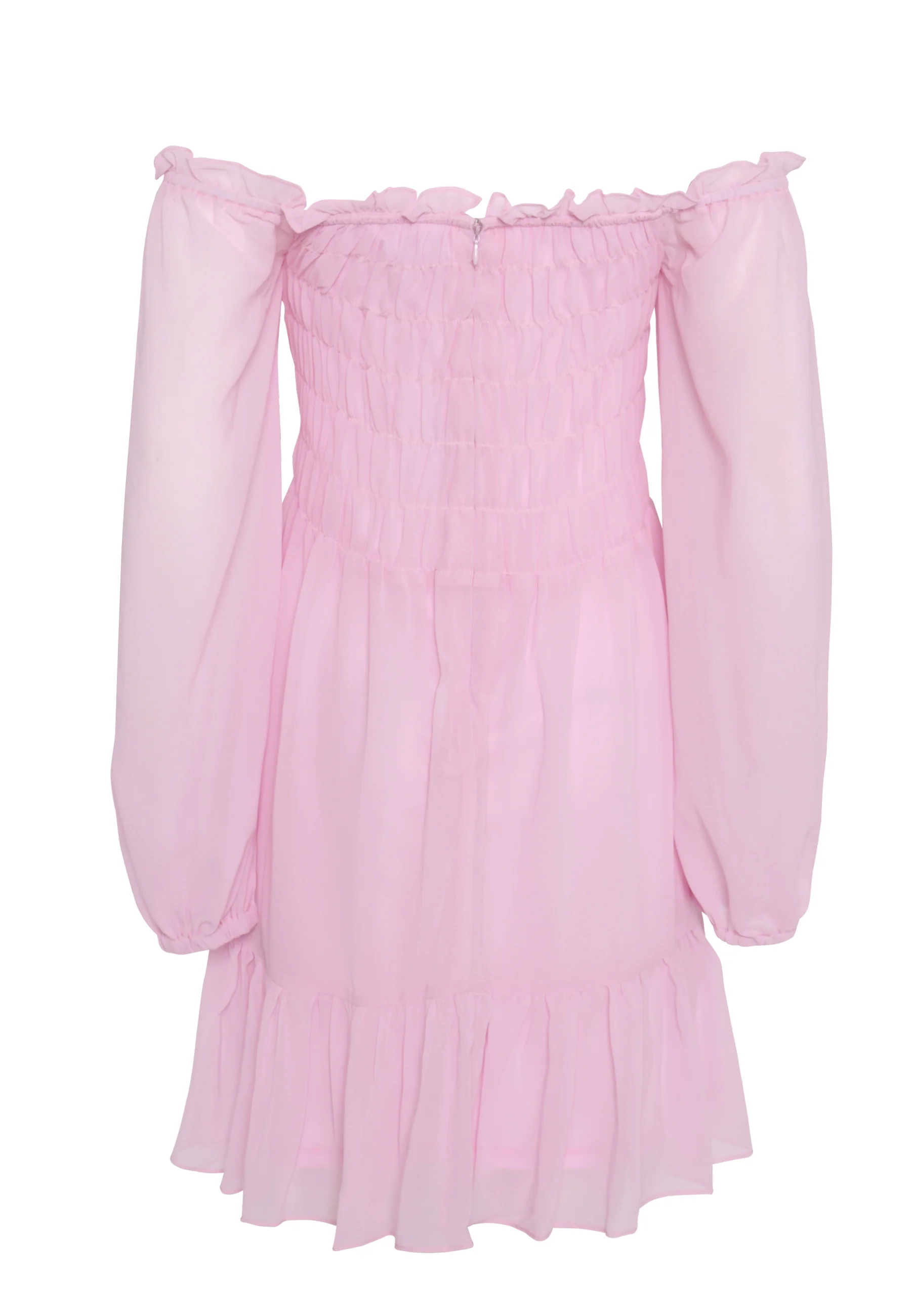 Glamorous Light Pink Long Sleeve Bardot Mini dress with Smocked Bodice and Tiered Skirt - Image 2