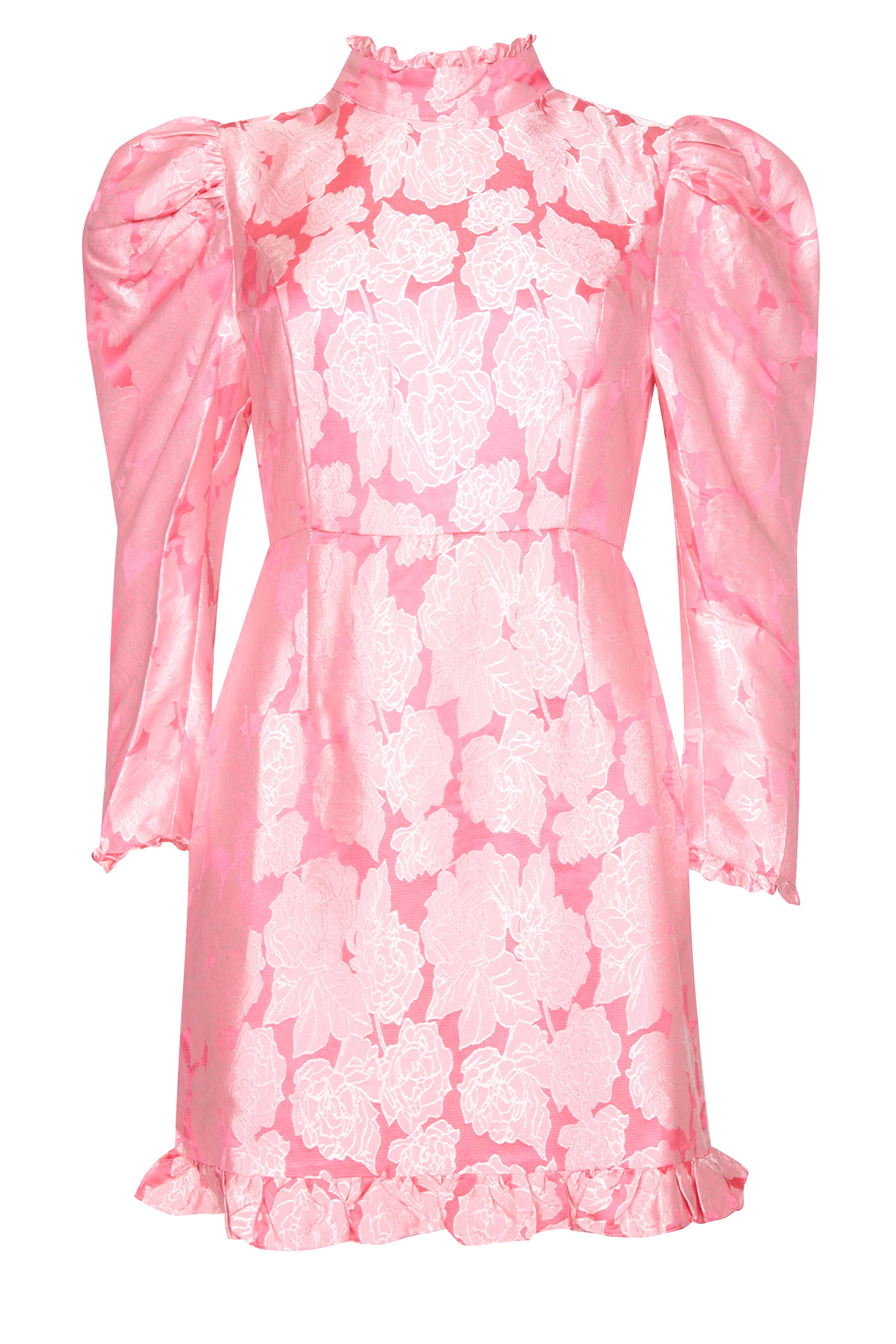 Glamorous Neon Pink Jacquard High Neck Puff Shoulder Frill Mini Dress - Image 4