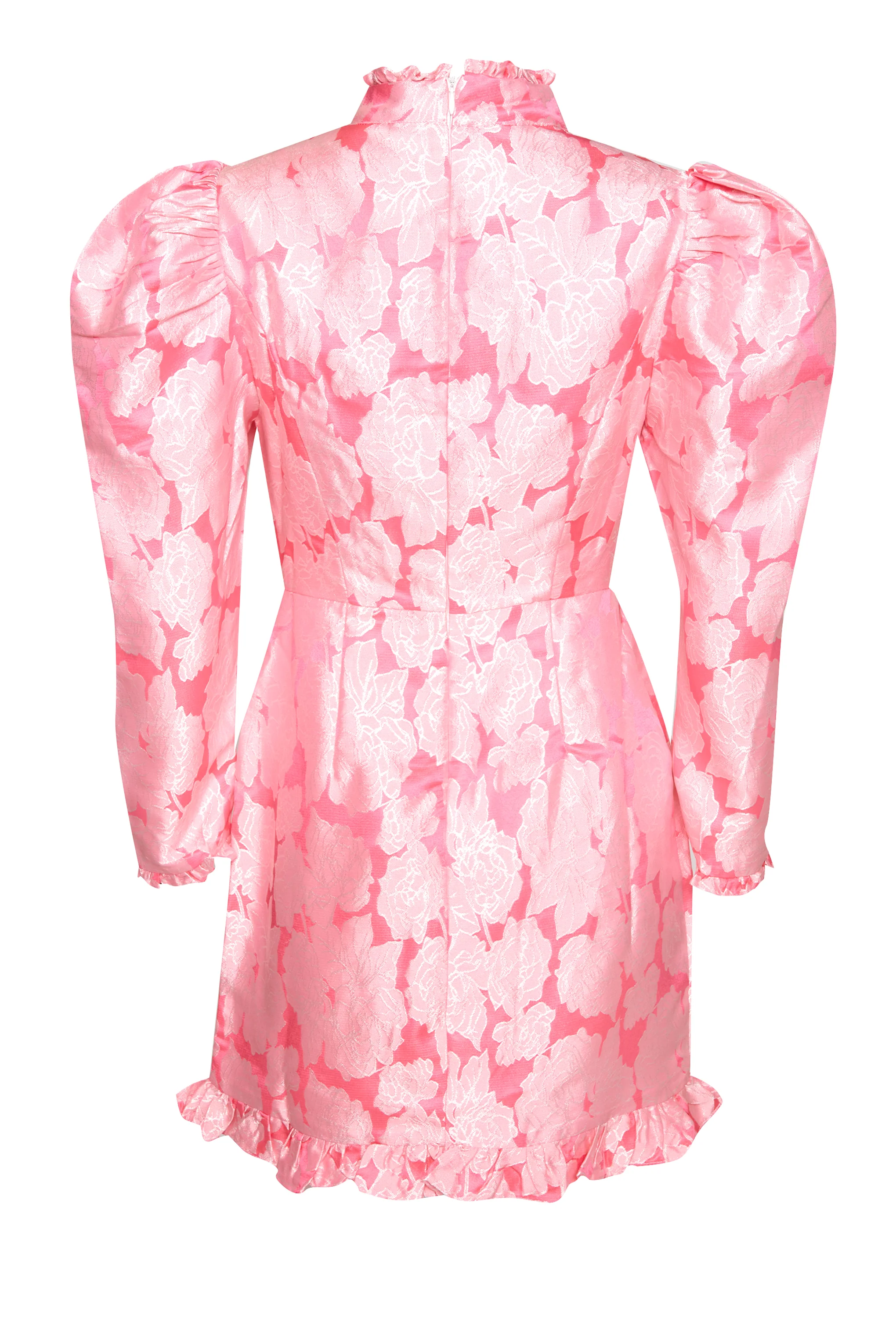 Glamorous Neon Pink Jacquard High Neck Puff Shoulder Frill Mini Dress - Image 5