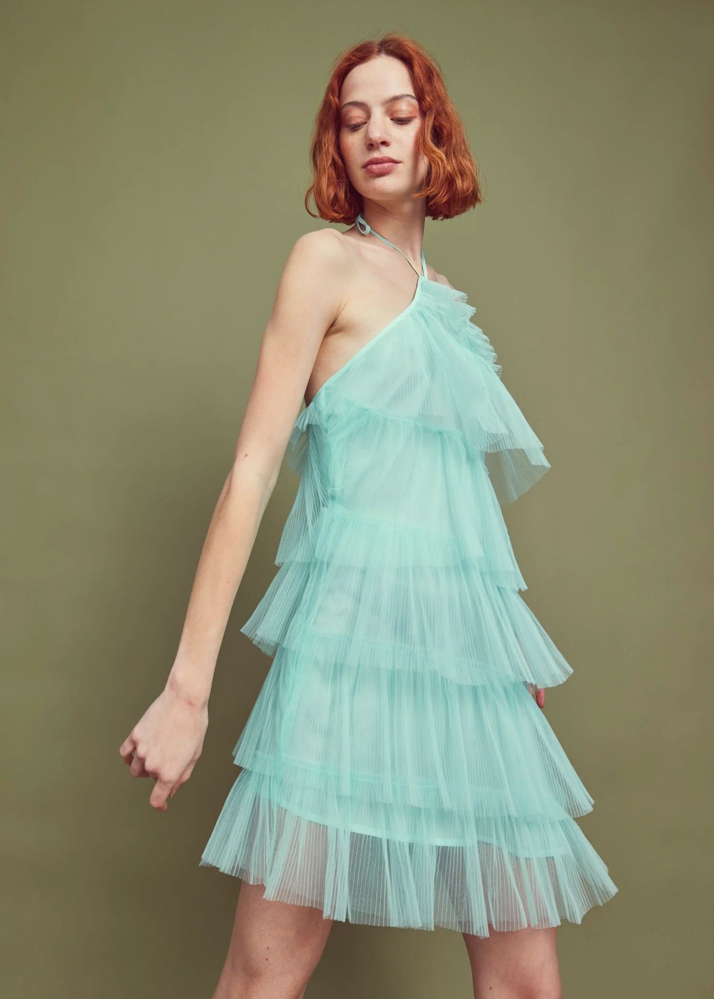 Turquoise Pleated Tulle Halterneck Mini-dress - Image 5