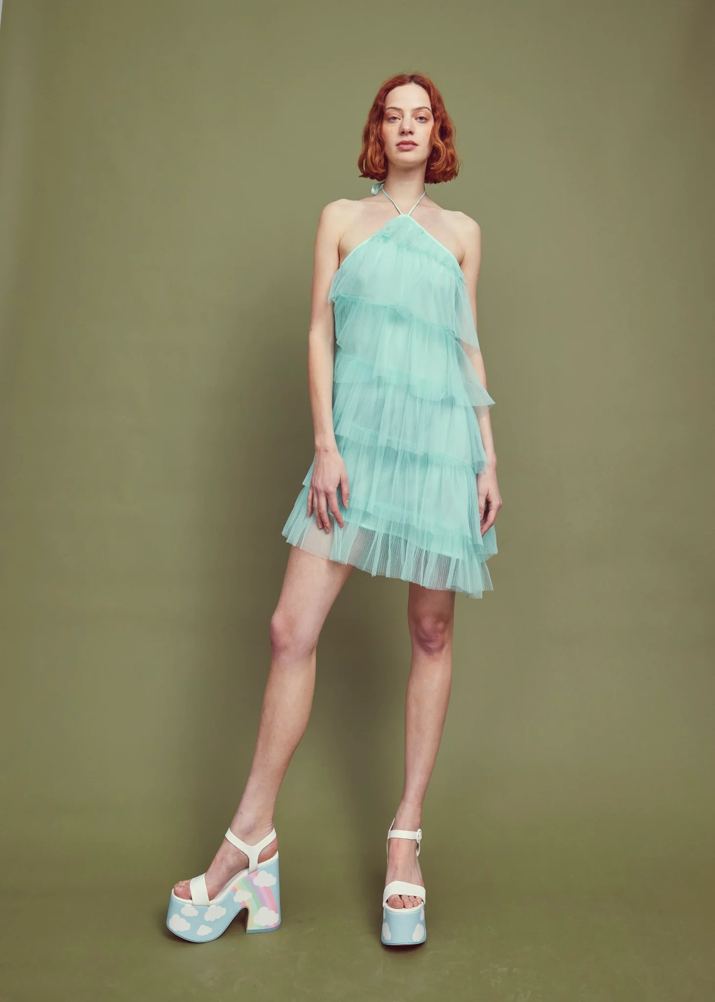 Turquoise Pleated Tulle Halterneck Mini-dress - Image 7
