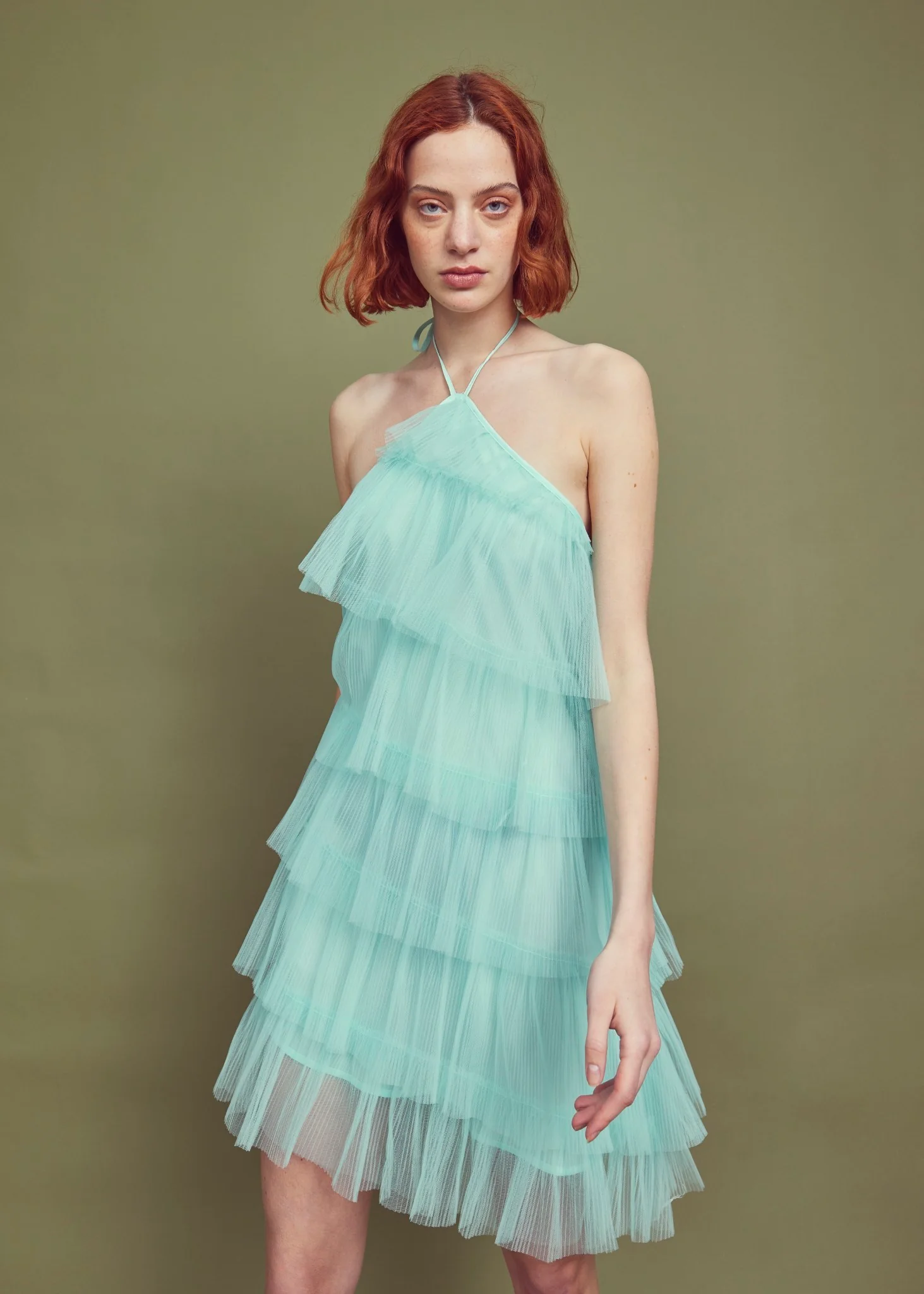 Turquoise Pleated Tulle Halterneck Mini-dress - Image 8