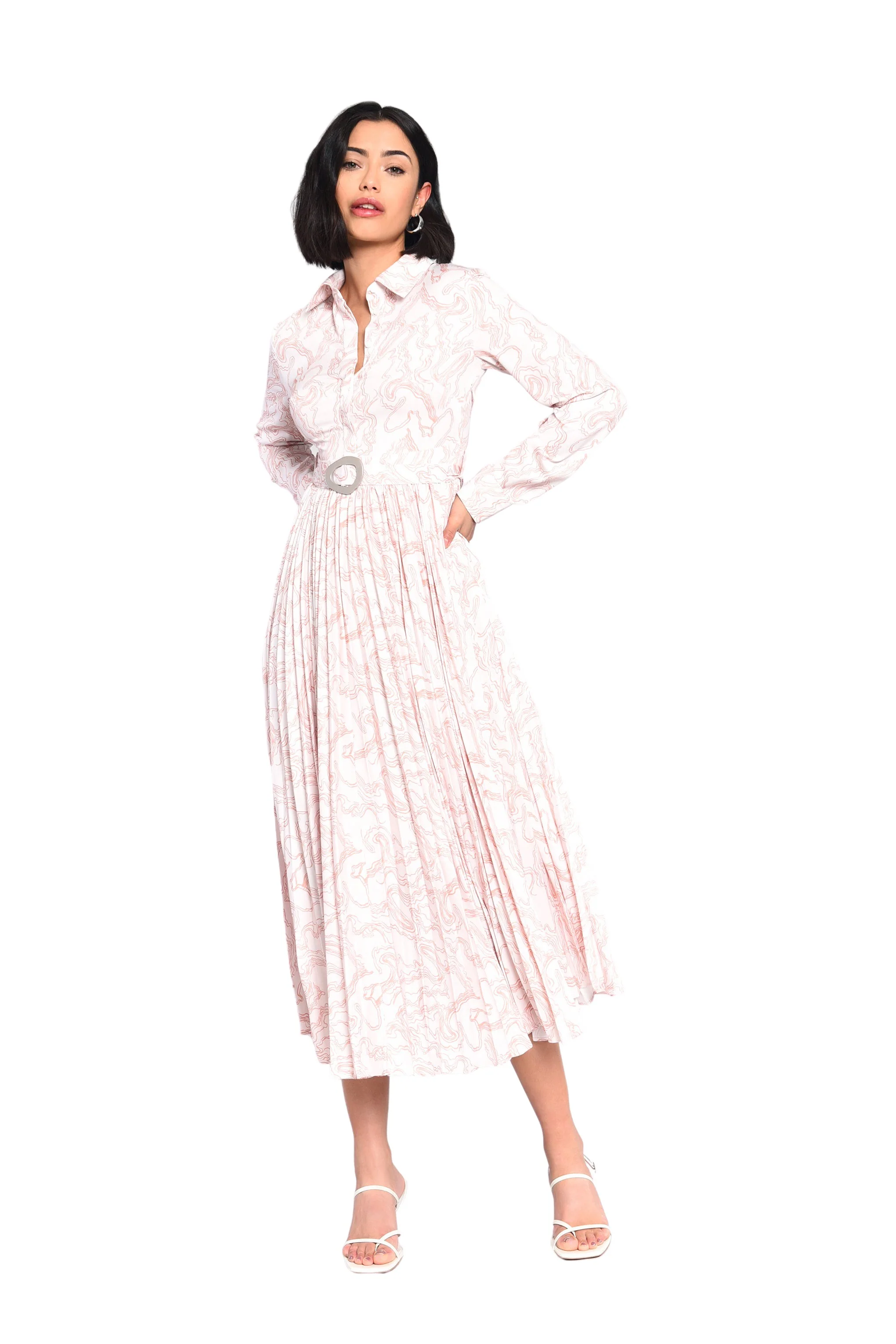 Glamorous Nude Abstract Print Belted Pleated Midi Dress - Image 3