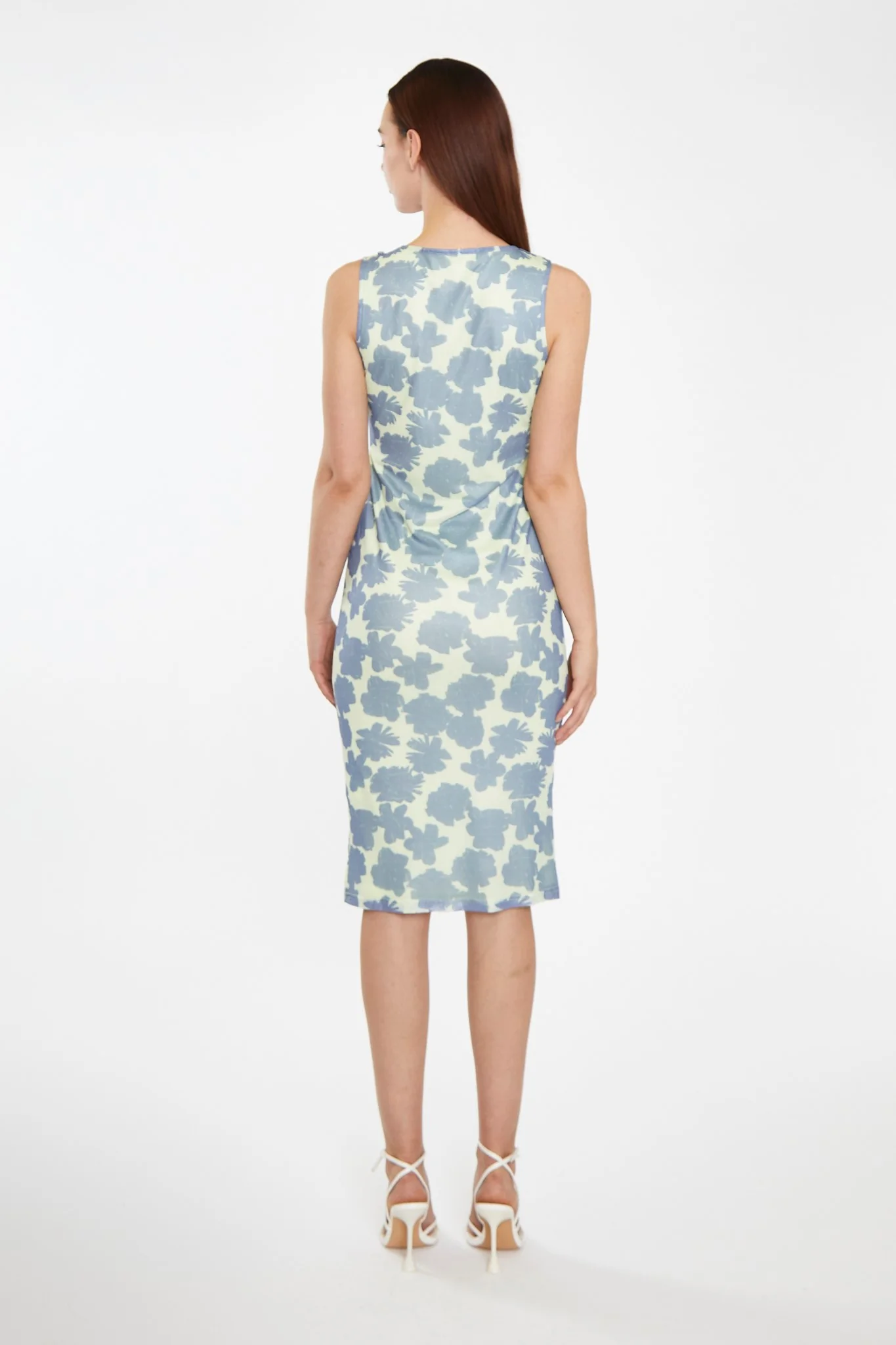 Blue-Green Floral Mesh Bodycon Cut-Out Midi-Dress - Image 2
