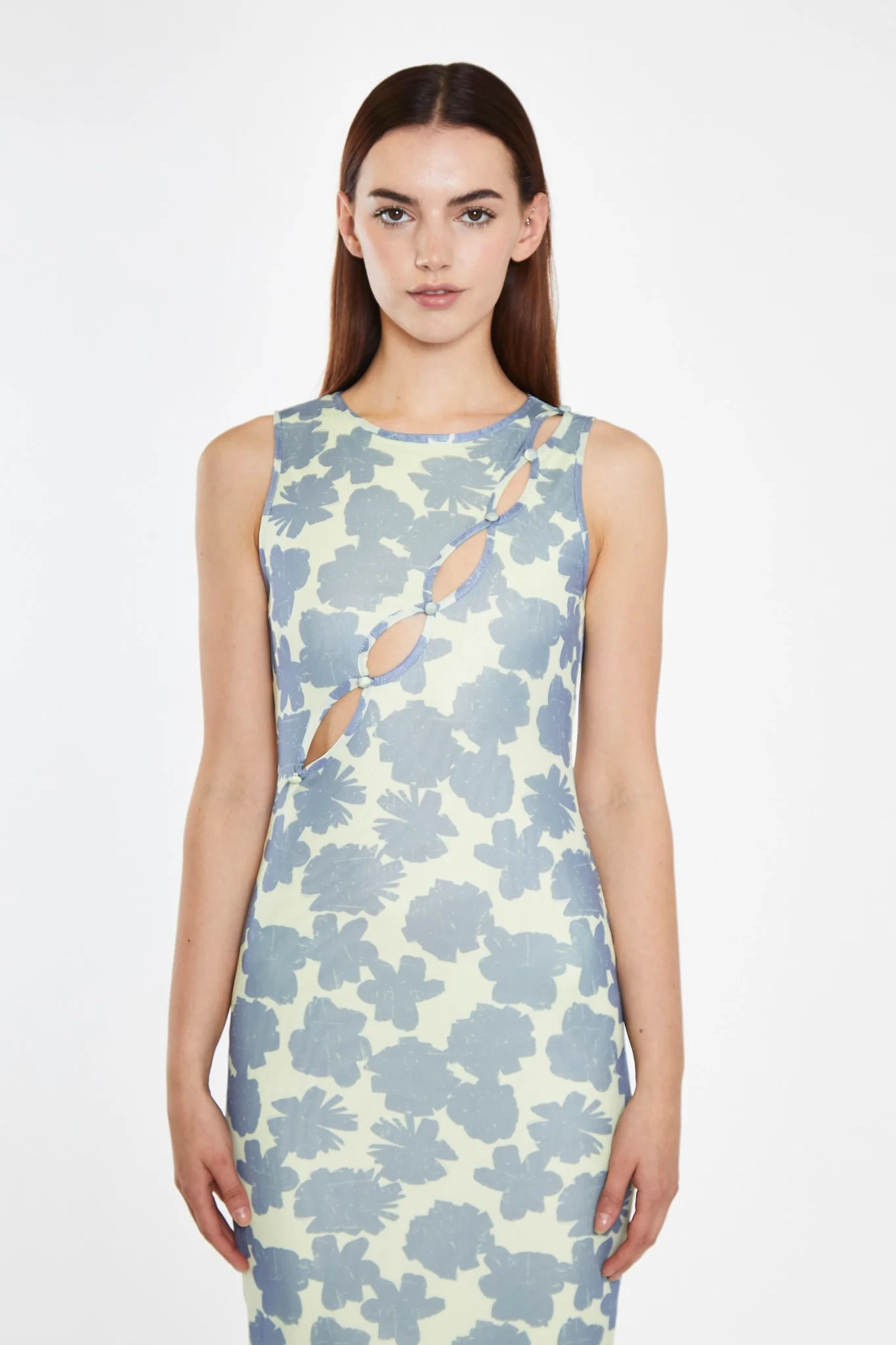 Blue-Green Floral Mesh Bodycon Cut-Out Midi-Dress - Image 3