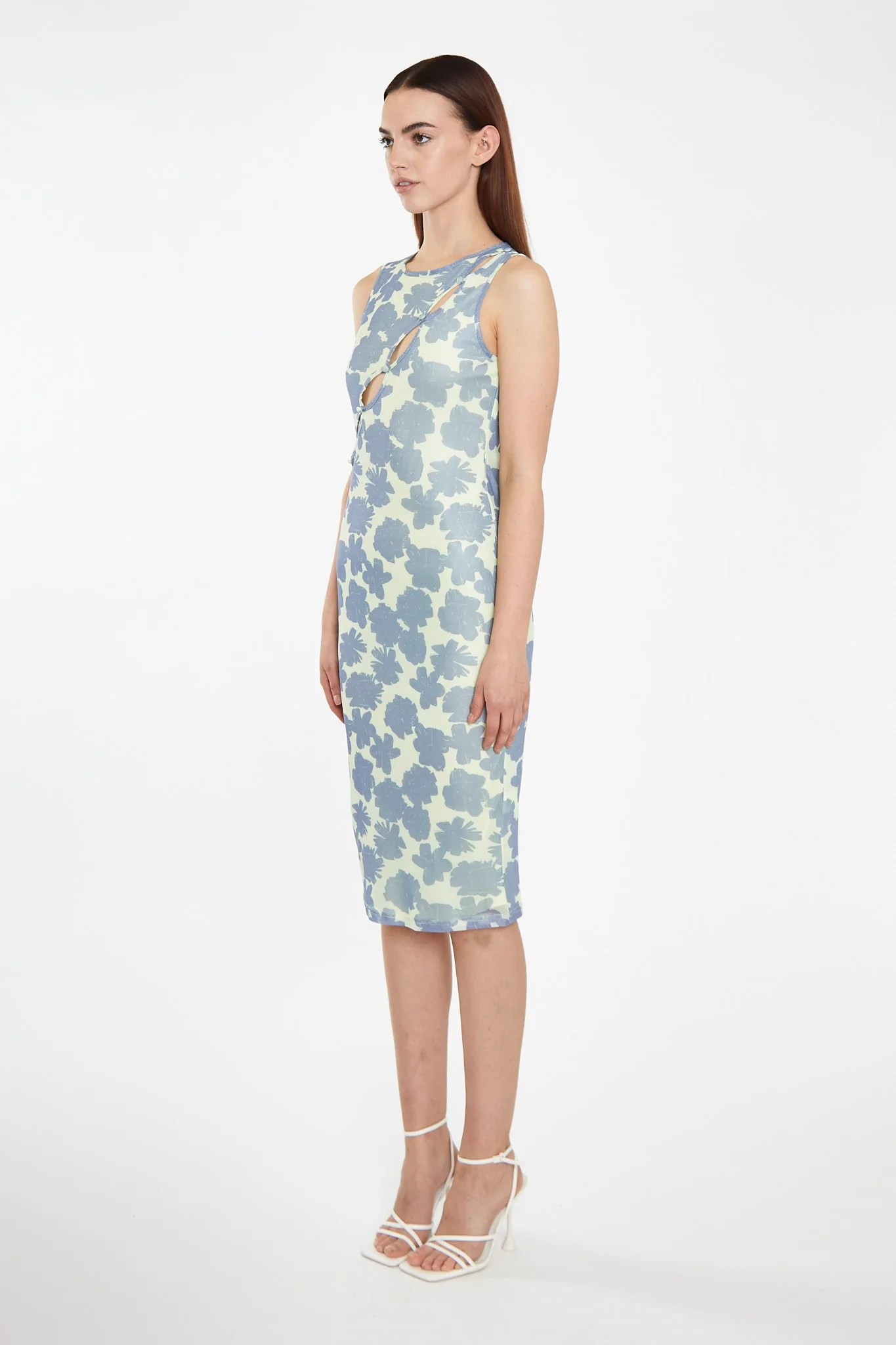 Blue-Green Floral Mesh Bodycon Cut-Out Midi-Dress - Image 4
