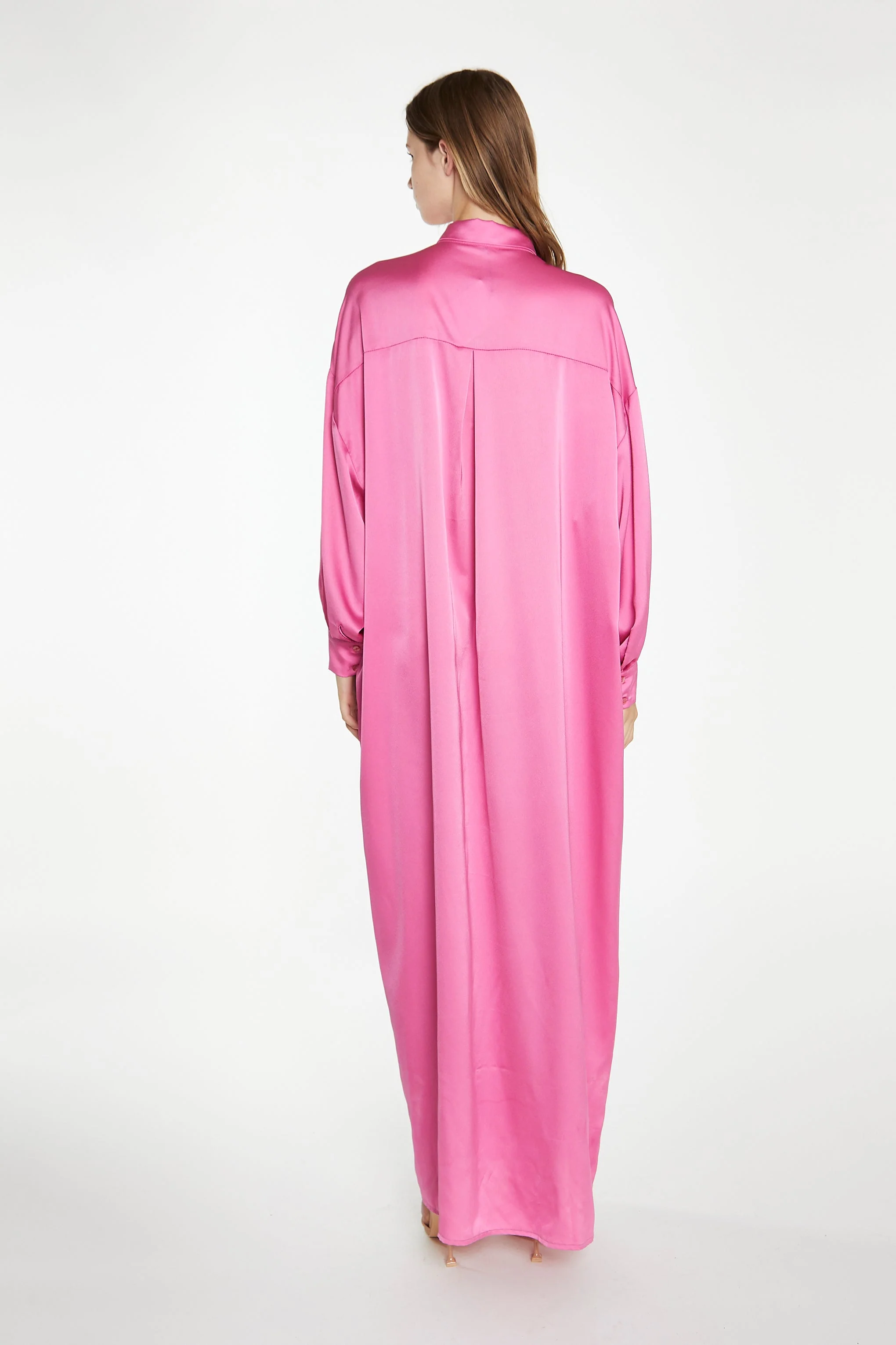 Pink Satin Oversized Maxi Shirt Dress - Image 3