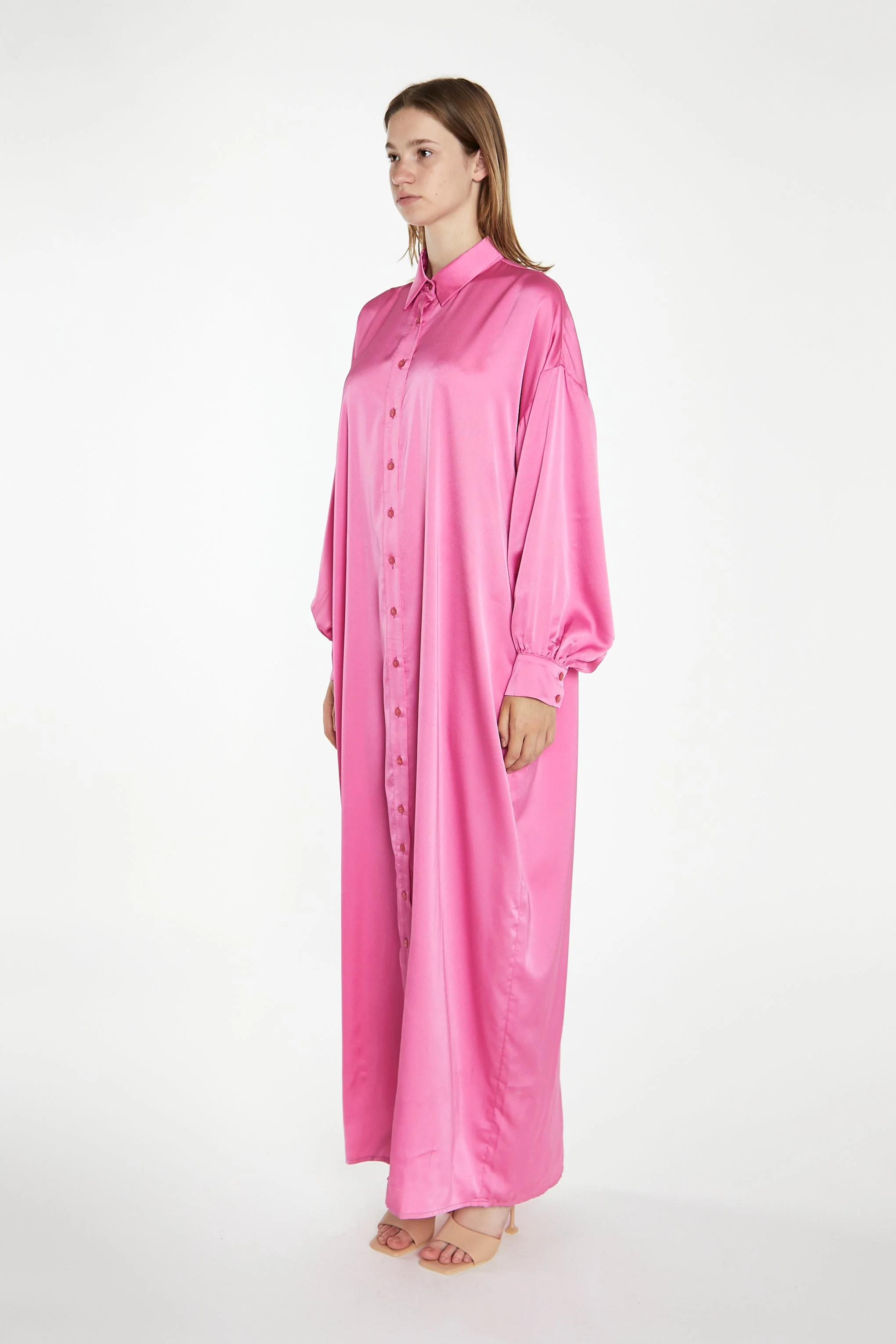Pink Satin Oversized Maxi Shirt Dress - Image 4