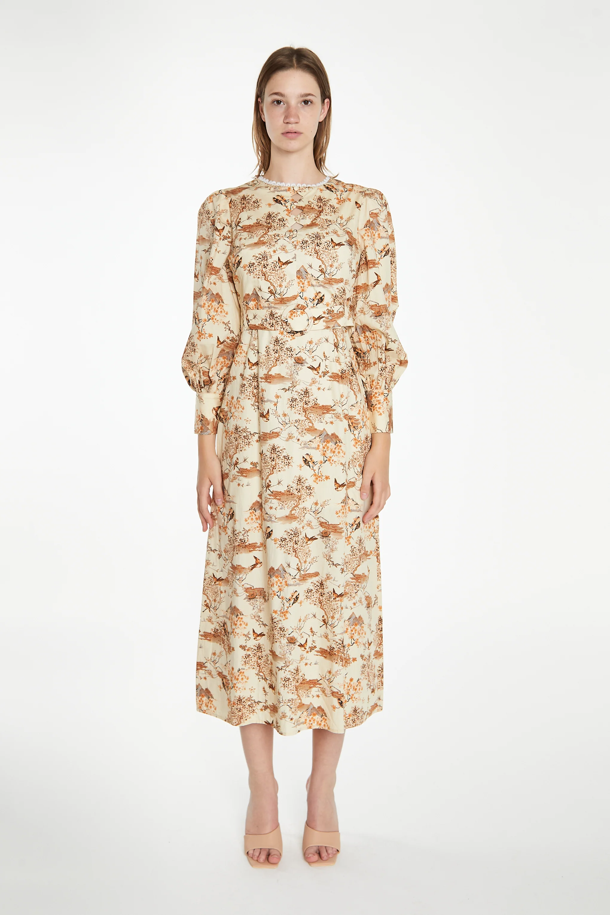 Tan Multi Blossom Long-Sleeve Belted Maxi-Dress