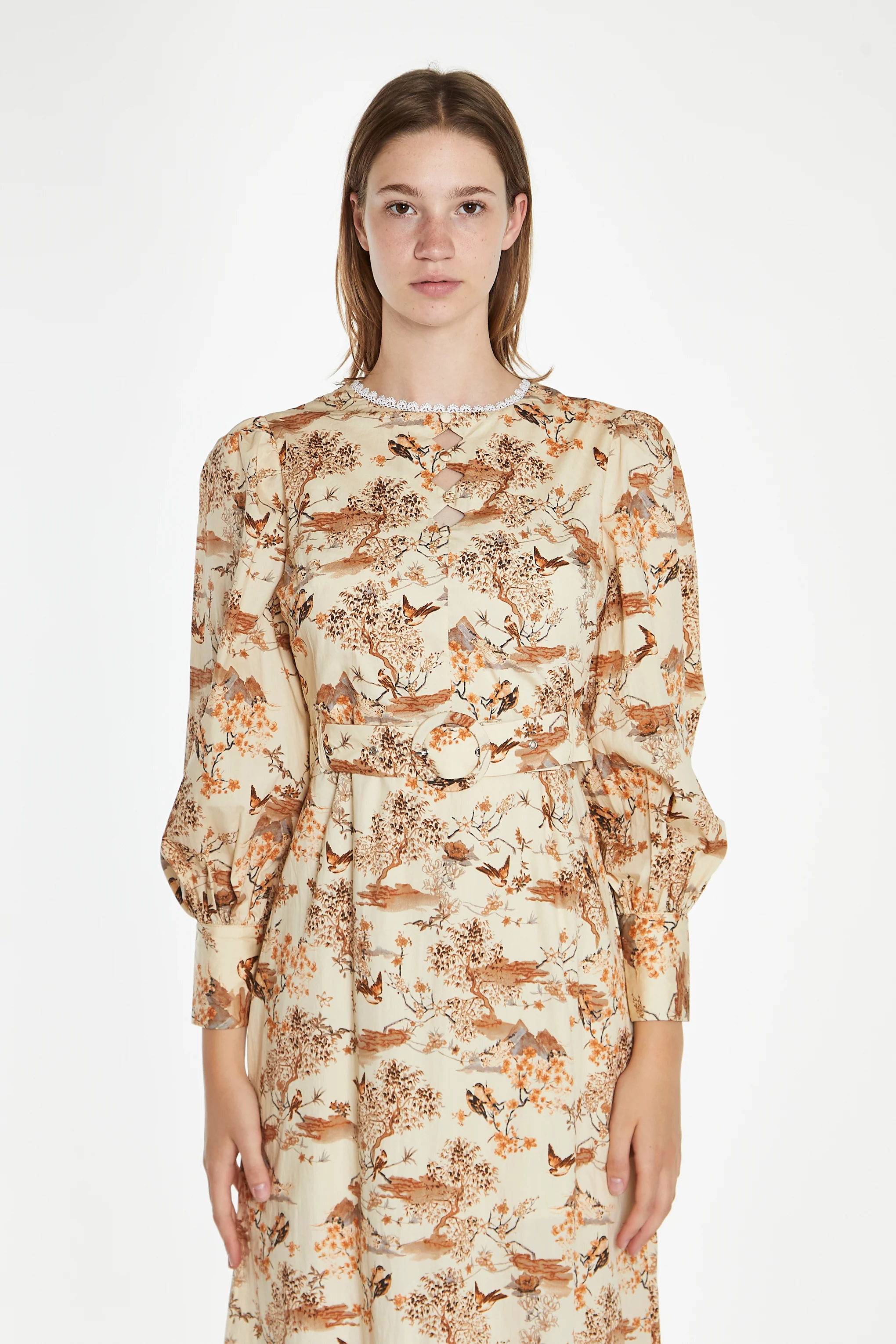 Tan Multi Blossom Long-Sleeve Belted Maxi-Dress - Image 2
