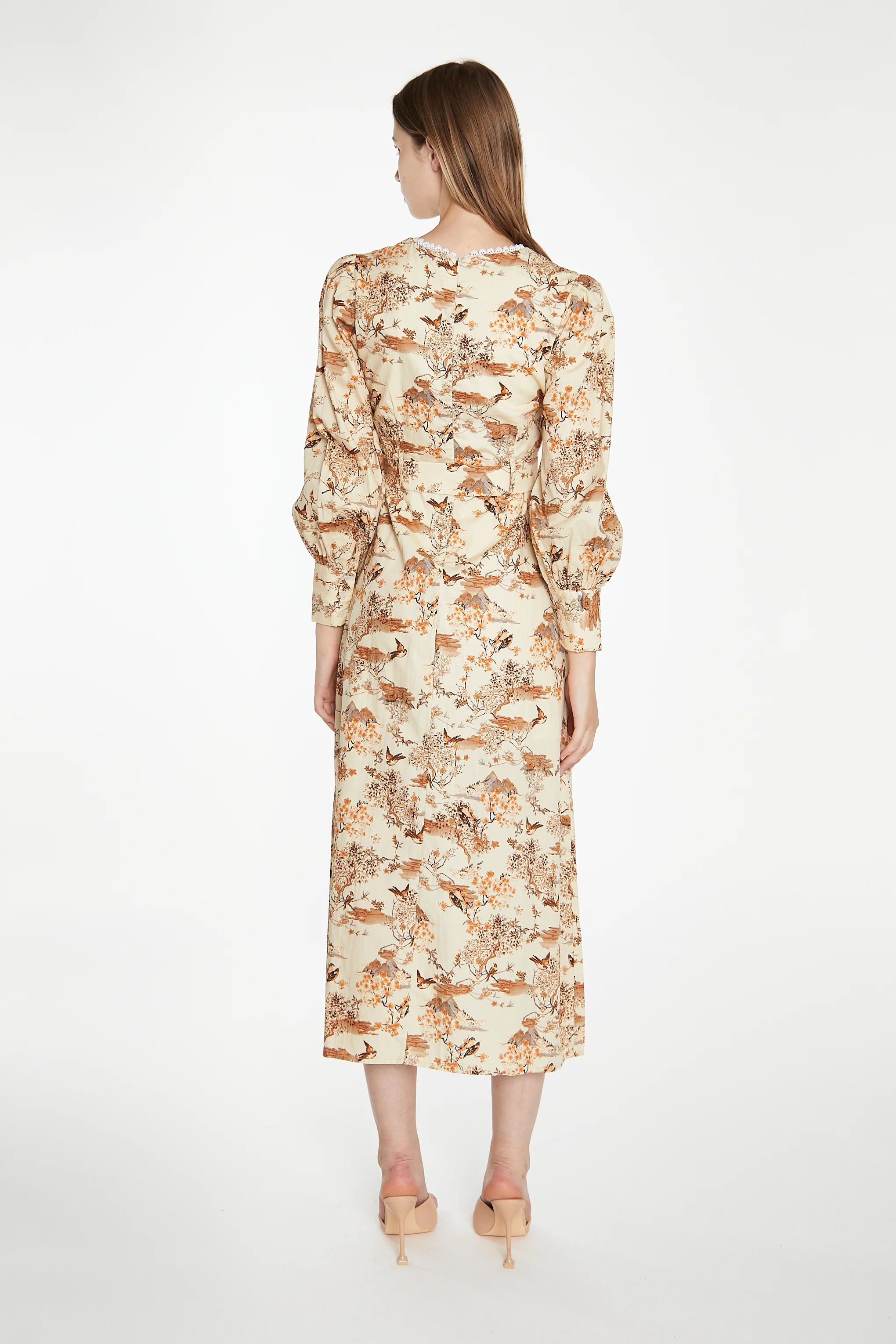Tan Multi Blossom Long-Sleeve Belted Maxi-Dress - Image 3