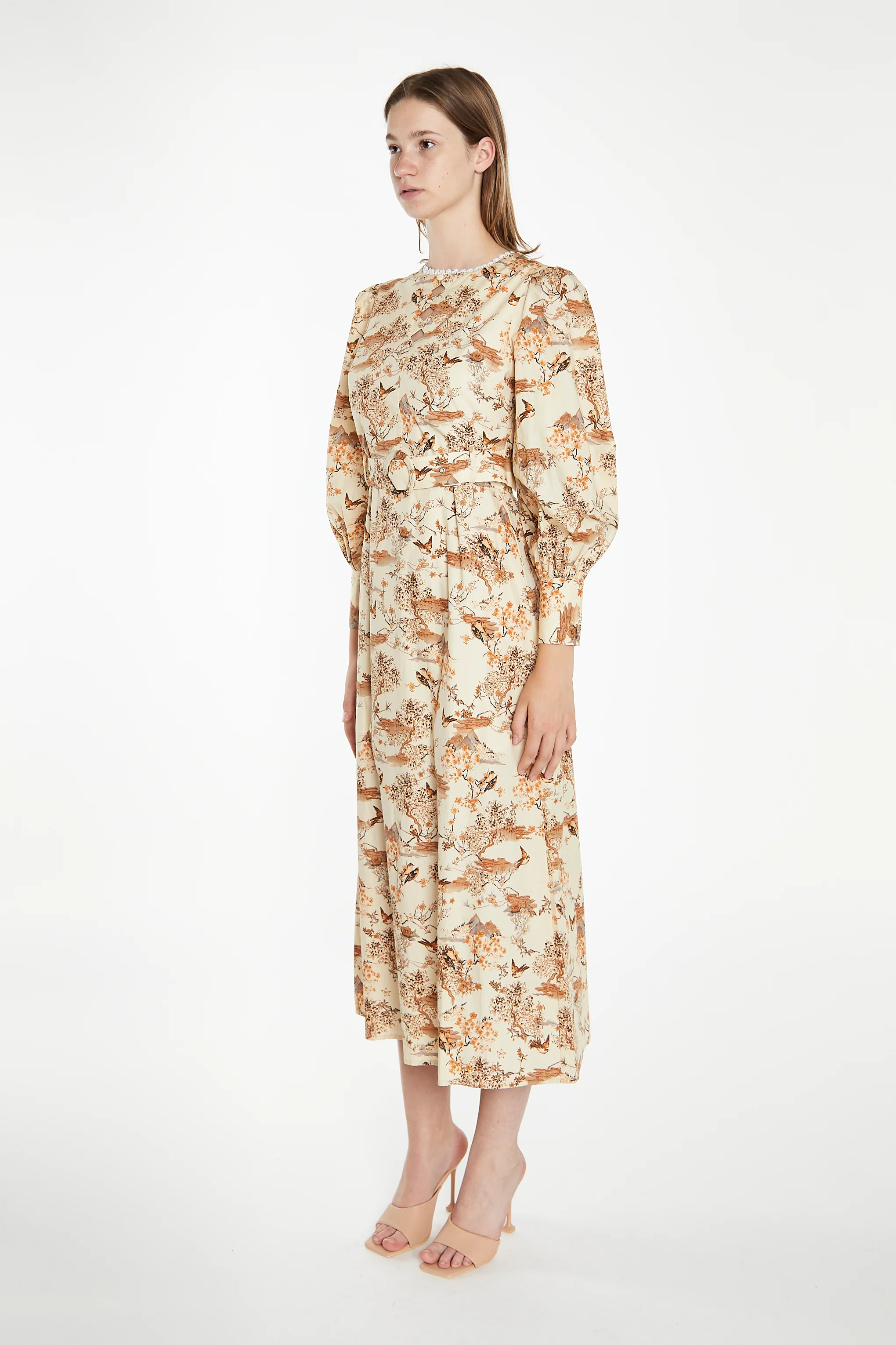 Tan Multi Blossom Long-Sleeve Belted Maxi-Dress - Image 4