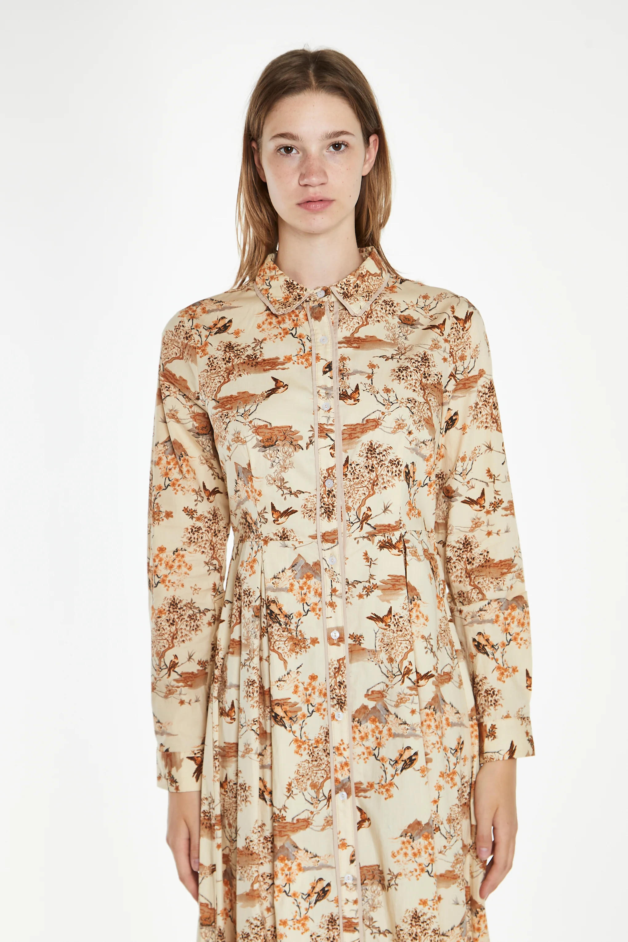Tan Multi Blossom Long-Sleeve Maxi Shirt-Dress - Image 2