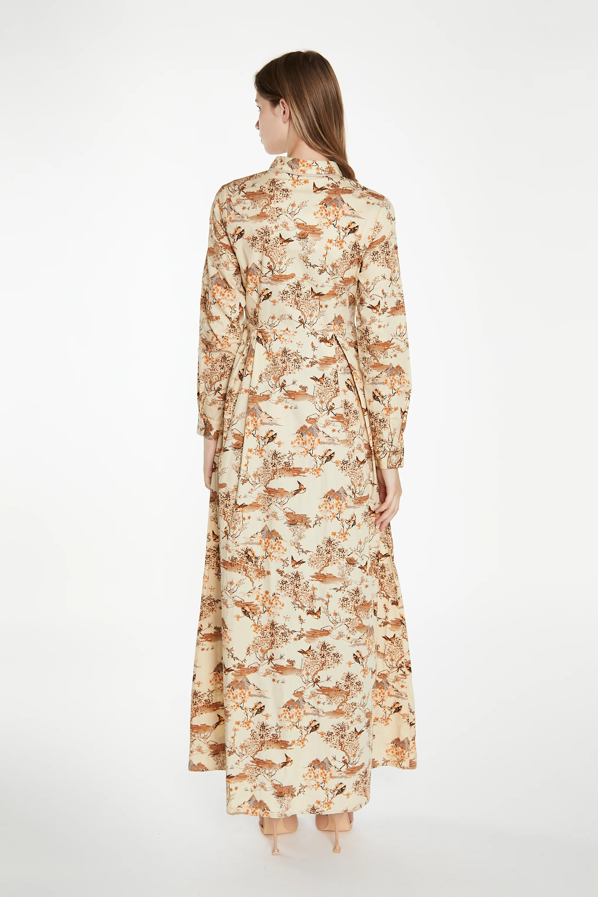 Tan Multi Blossom Long-Sleeve Maxi Shirt-Dress - Image 3