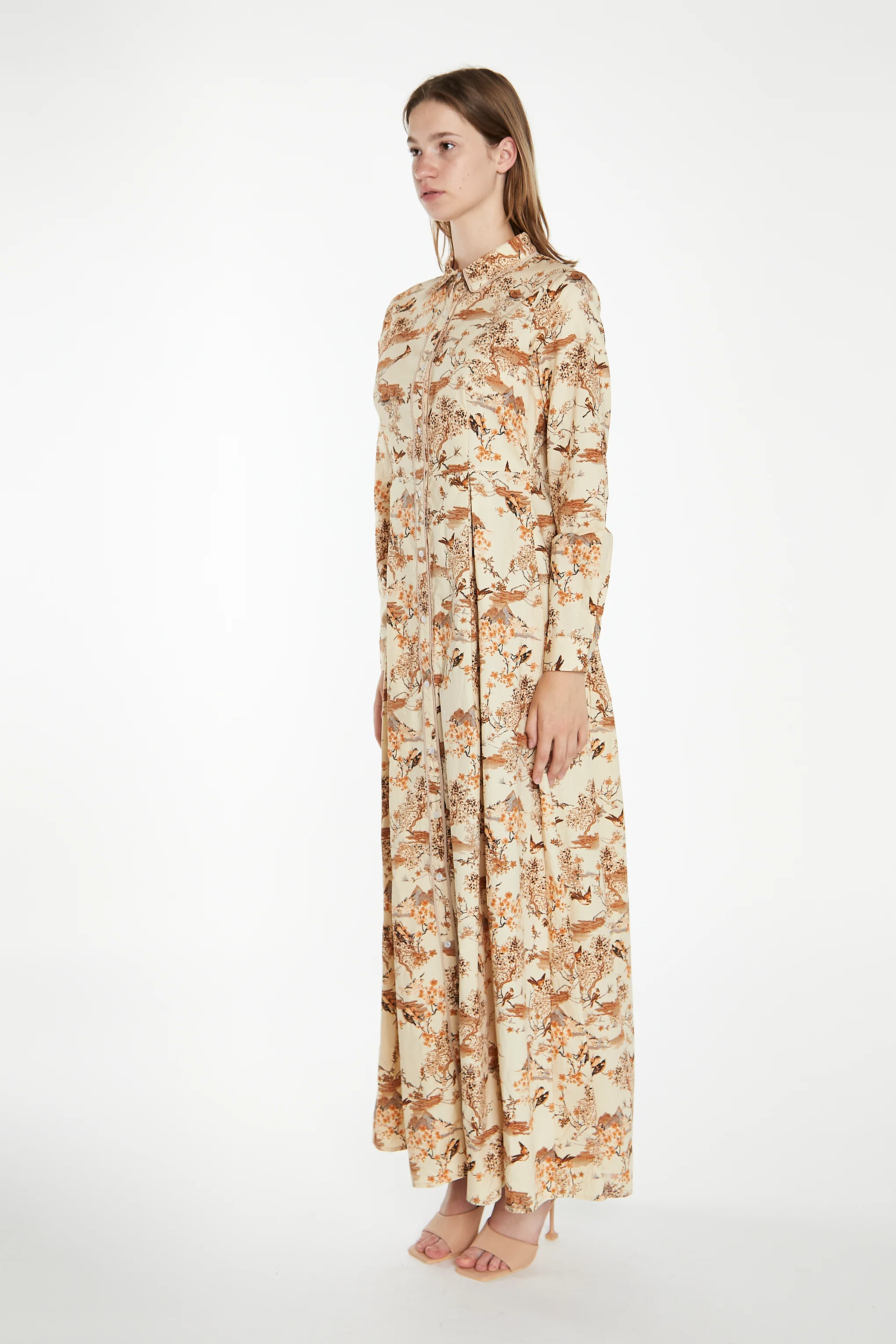 Tan Multi Blossom Long-Sleeve Maxi Shirt-Dress - Image 4