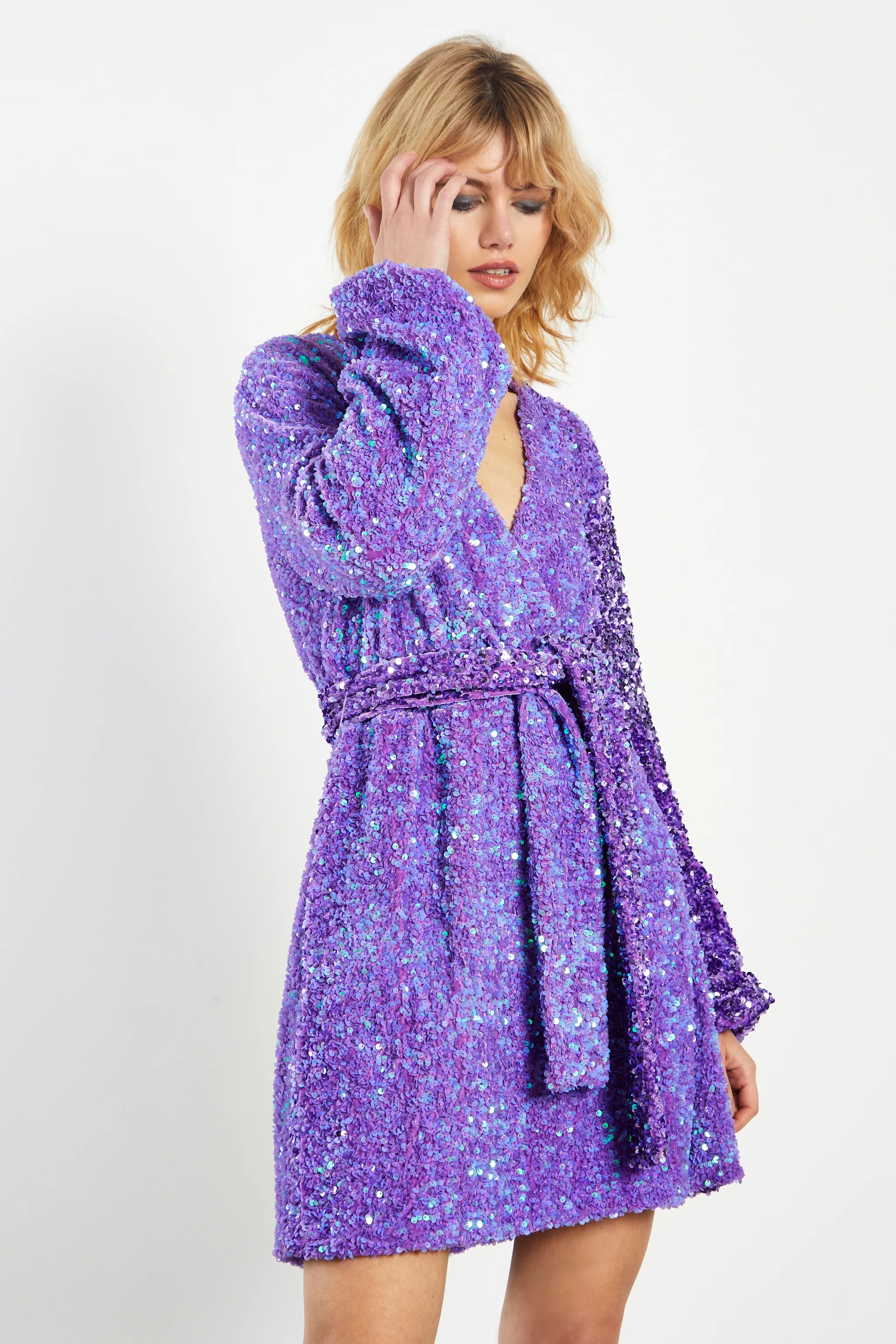 Glamorous Purple Sequin Tie Waist Wrap Mini Dress - Image 2