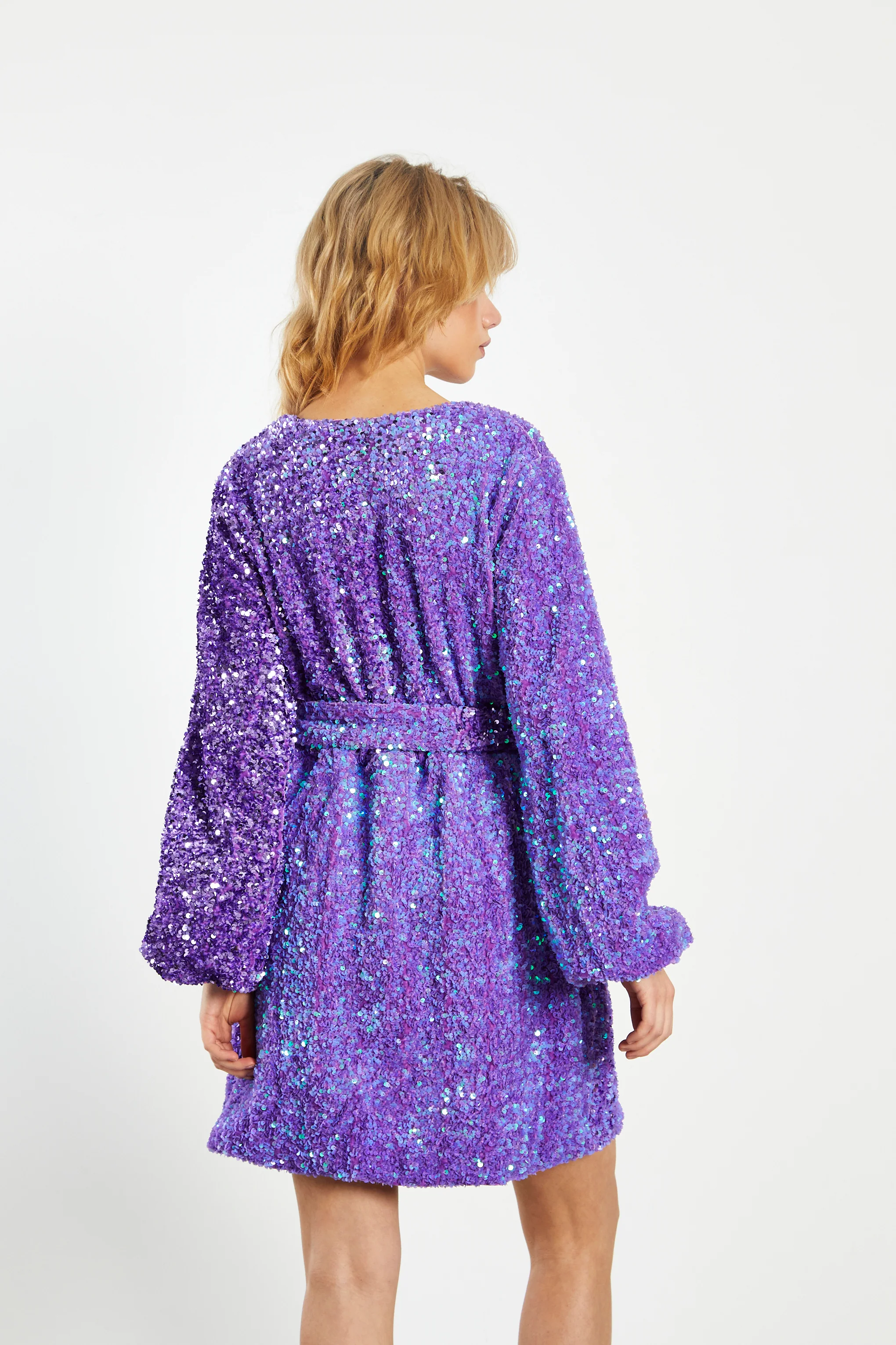 Glamorous Purple Sequin Tie Waist Wrap Mini Dress - Image 3