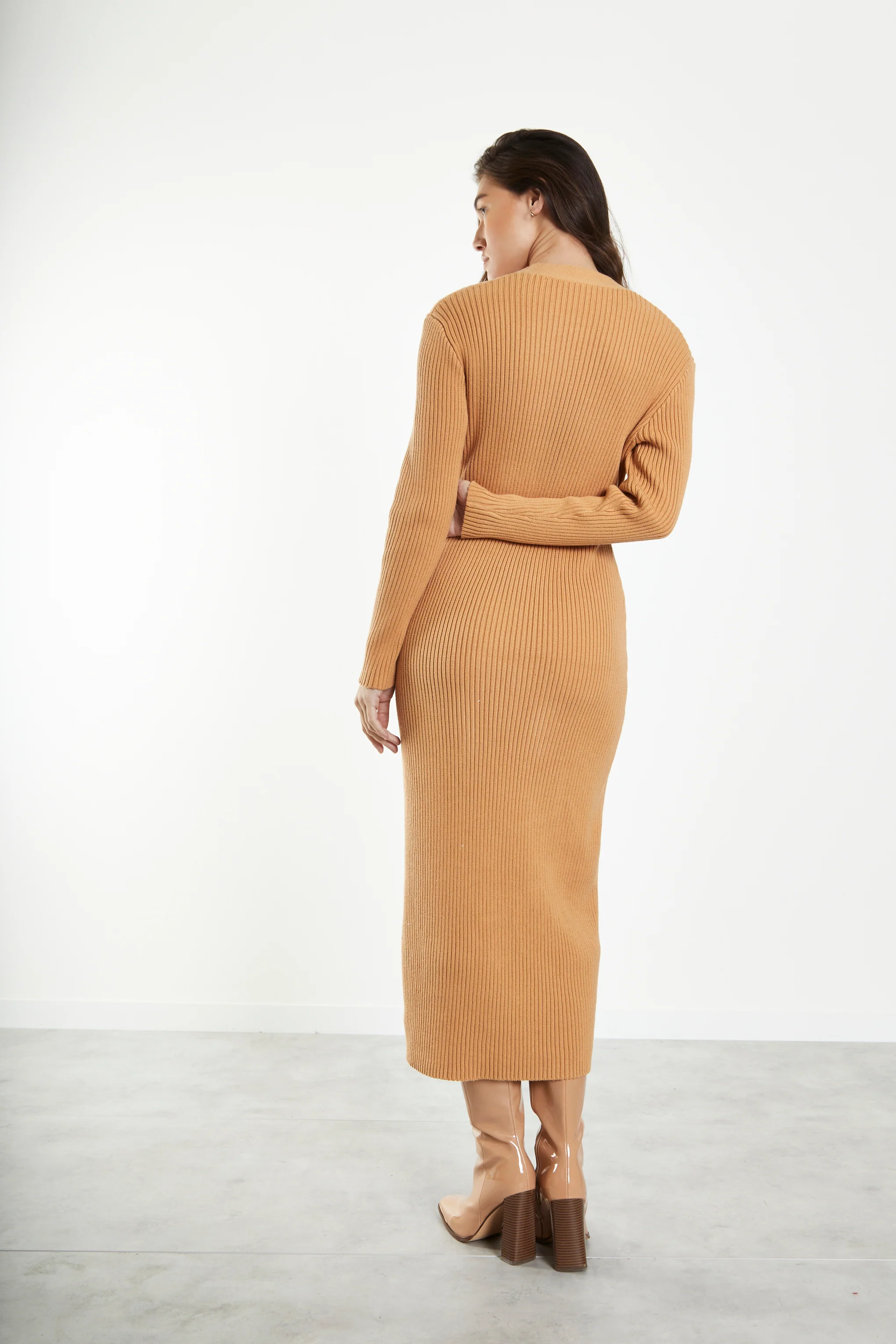 Glamorous Caramel Knitted Skinny Fit Midi Dress with Long Sleeves & V Neck - Image 2