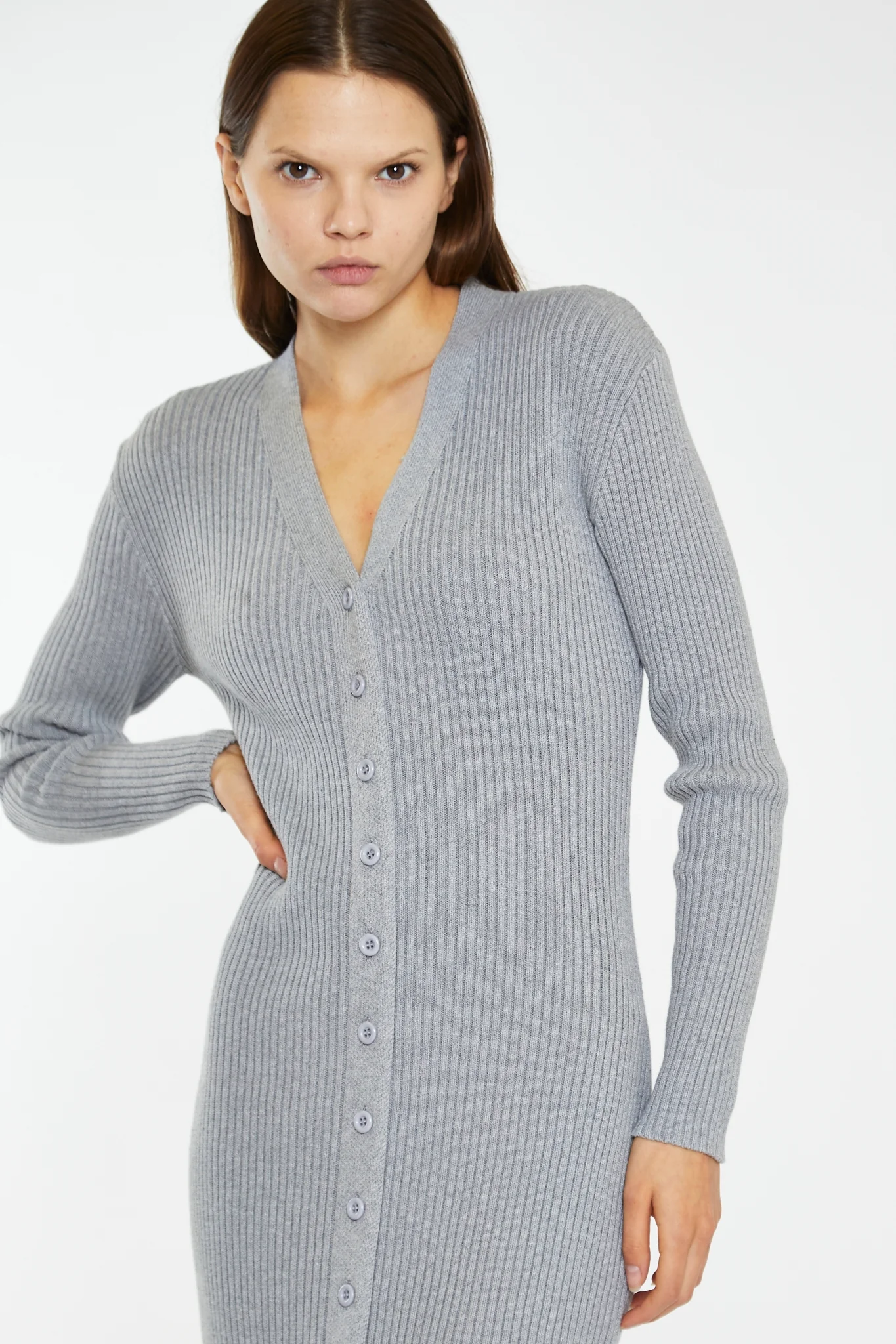 Grey-Marl Button-Down Knitted Midi-Dress - Image 3