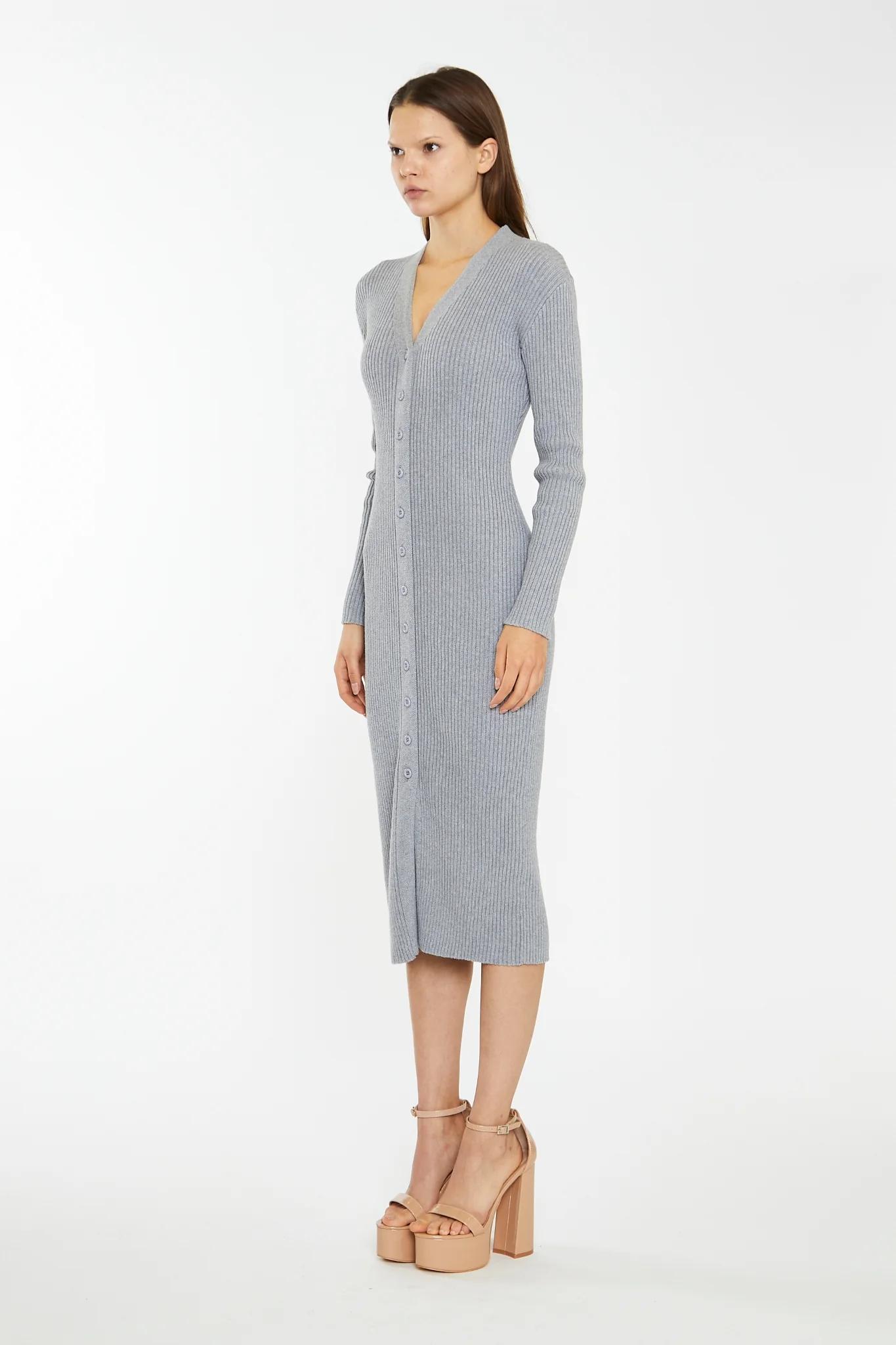 Grey-Marl Button-Down Knitted Midi-Dress - Image 4