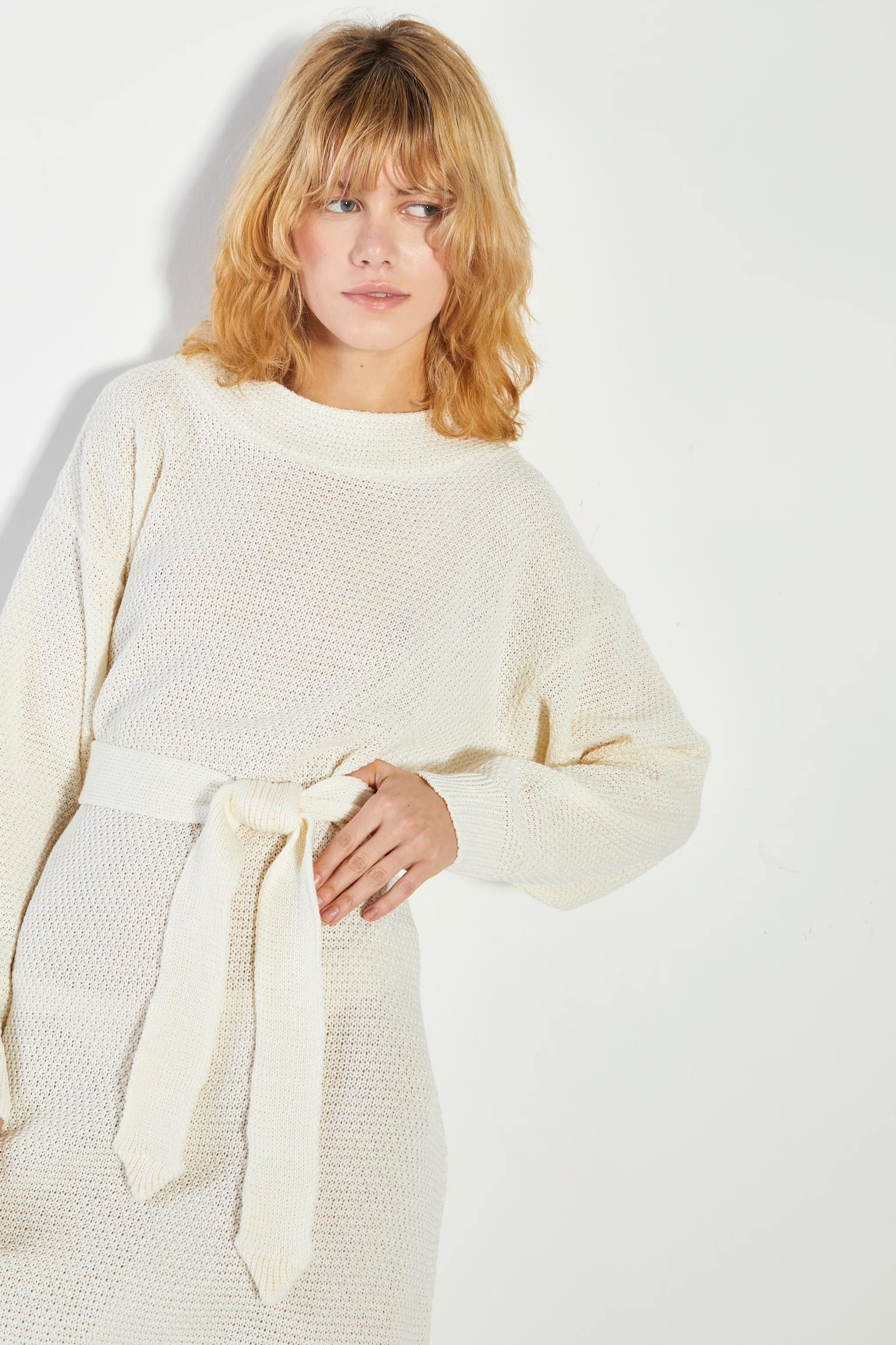 Glamorous Bone Belted Knitted Mini Dress - Image 3
