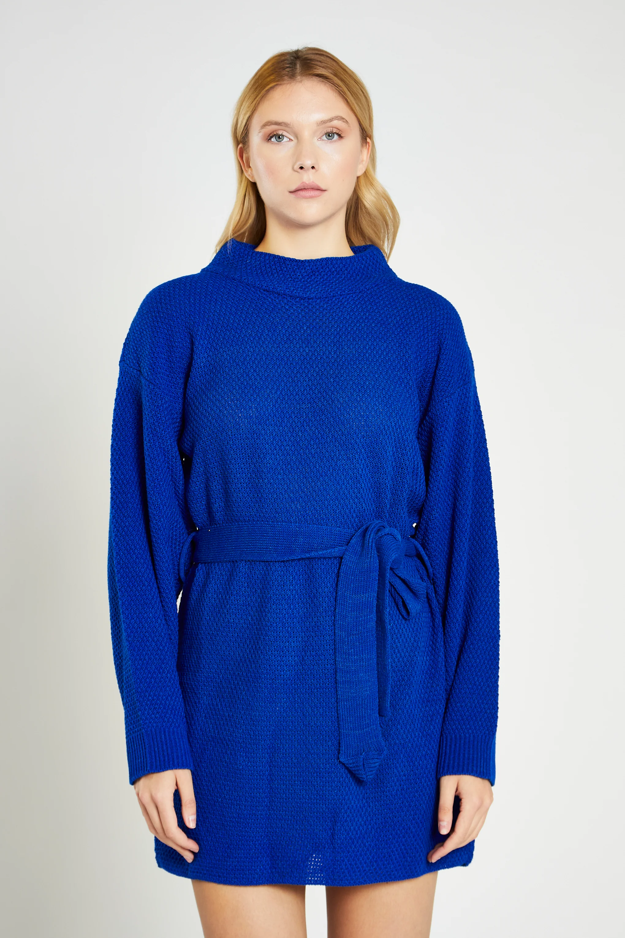 Glamorous Royal Blue Knitted Mini Dress with Tie Belt