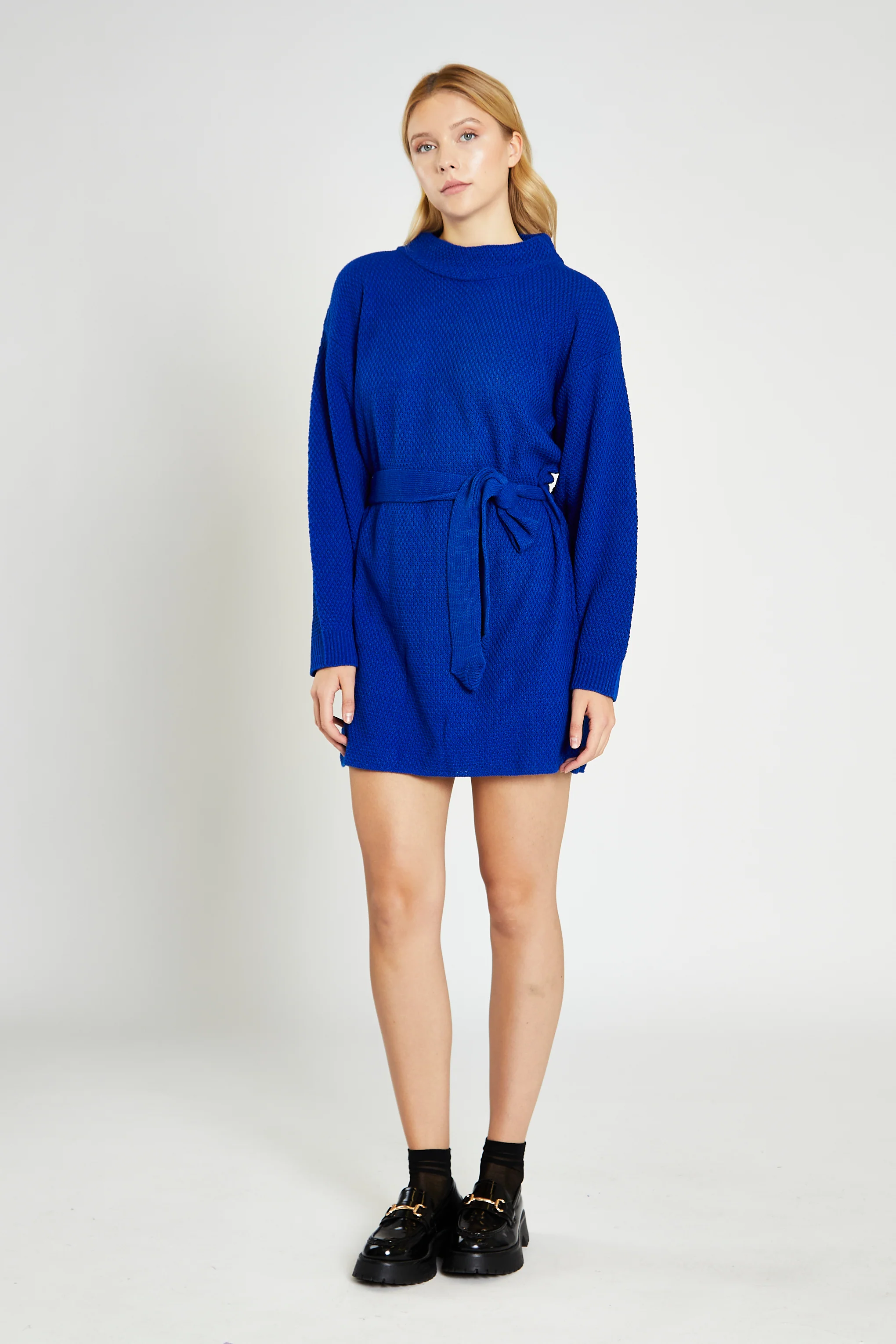 Glamorous Royal Blue Knitted Mini Dress with Tie Belt - Image 3