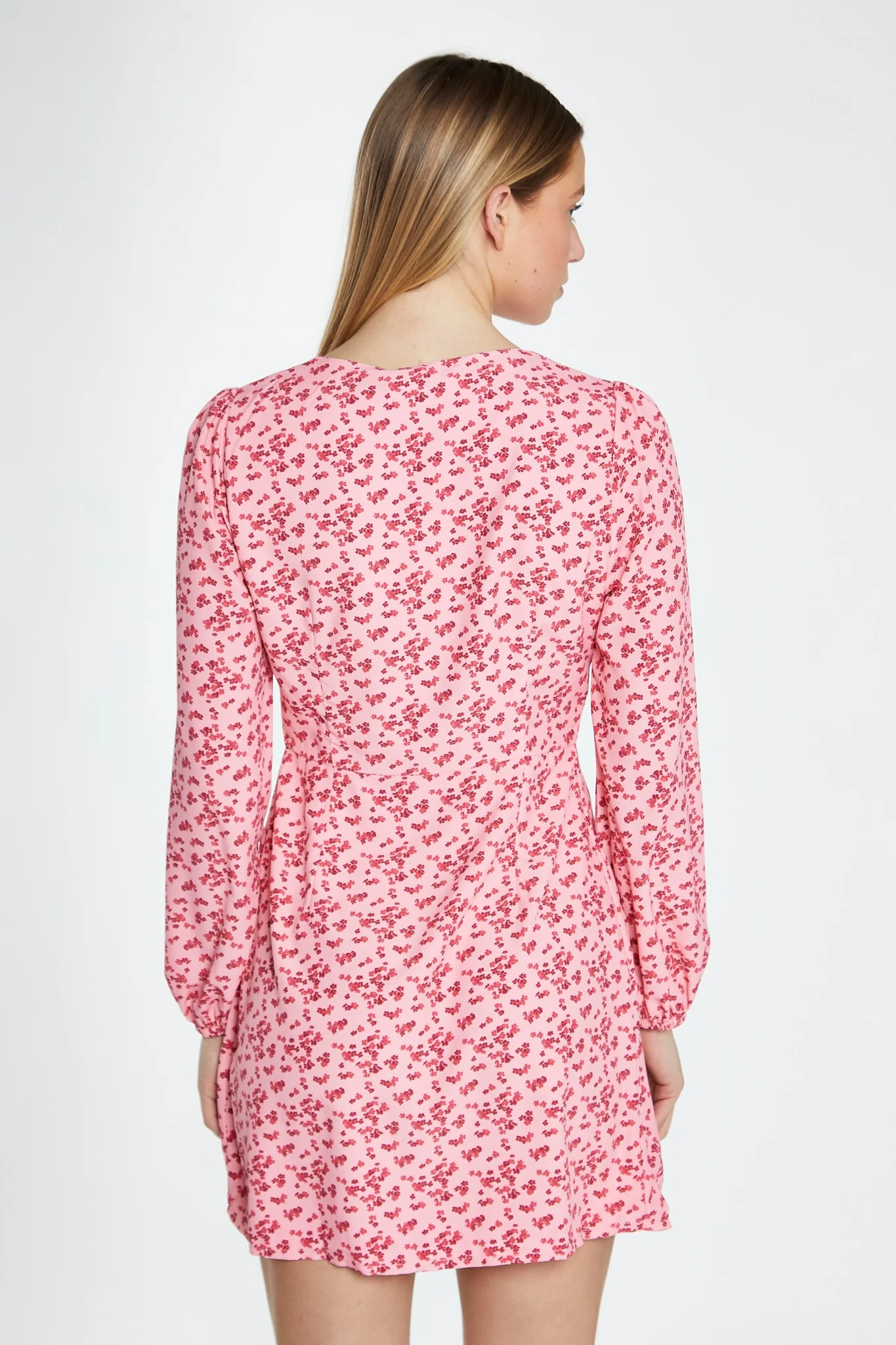 Raspberry Ditsy Button Front Long Sleeve Mini-Dress - Image 2