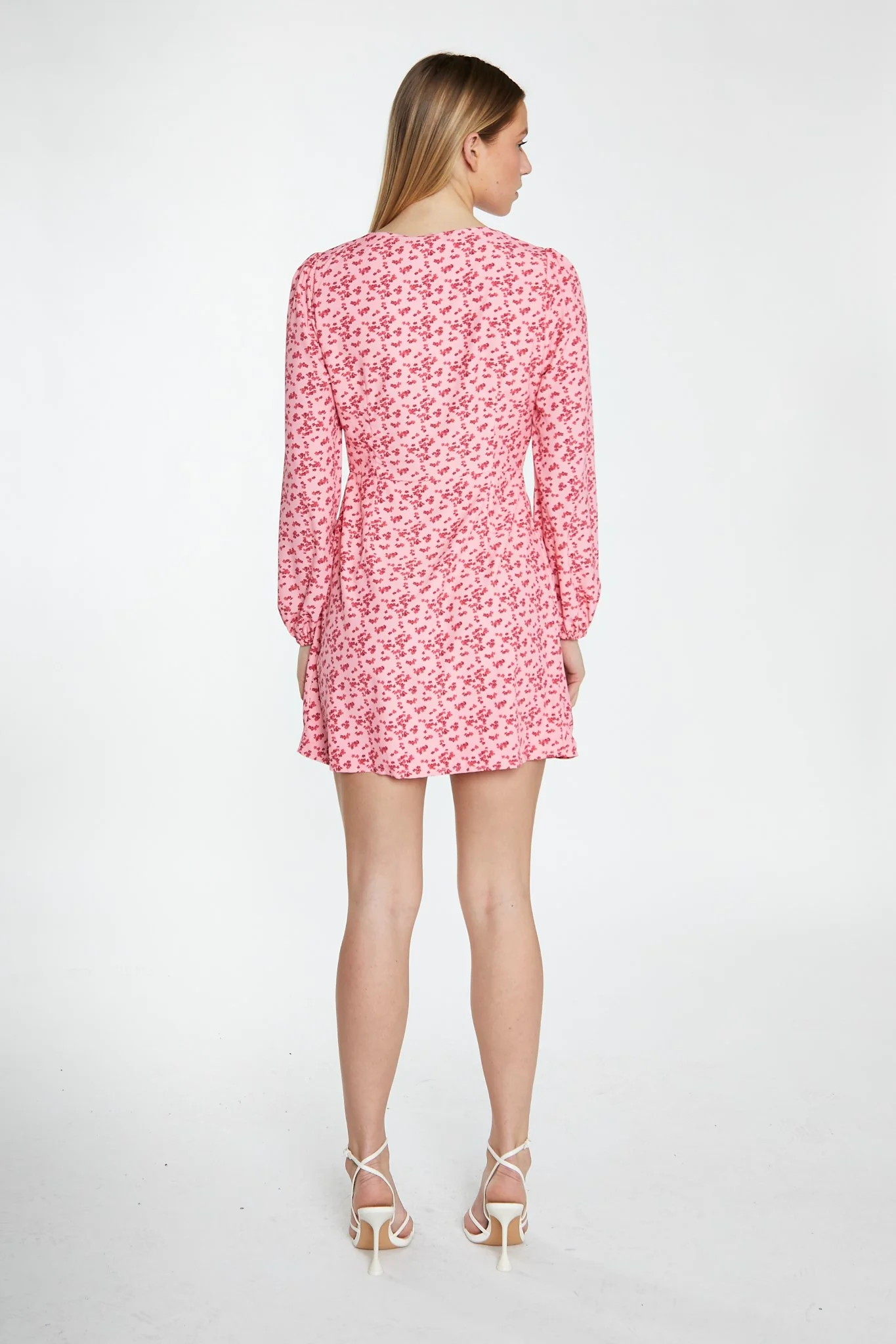 Raspberry Ditsy Button Front Long Sleeve Mini-Dress - Image 4