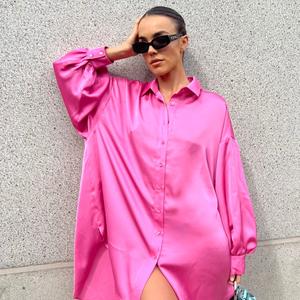 Pink Sateen Oversized Mini Shirt-Dress - Image 2