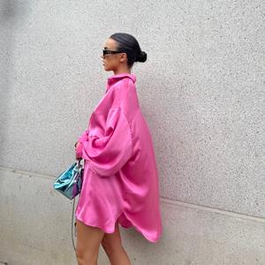 Pink Sateen Oversized Mini Shirt-Dress - Image 3