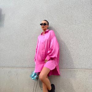 Pink Sateen Oversized Mini Shirt-Dress - Image 4