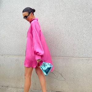 Pink Sateen Oversized Mini Shirt-Dress - Image 5