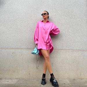 Pink Sateen Oversized Mini Shirt-Dress - Image 6