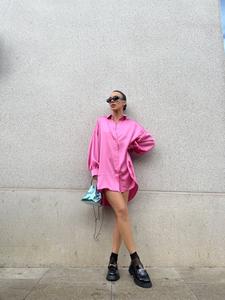 Pink Sateen Oversized Mini Shirt-Dress - Image 9
