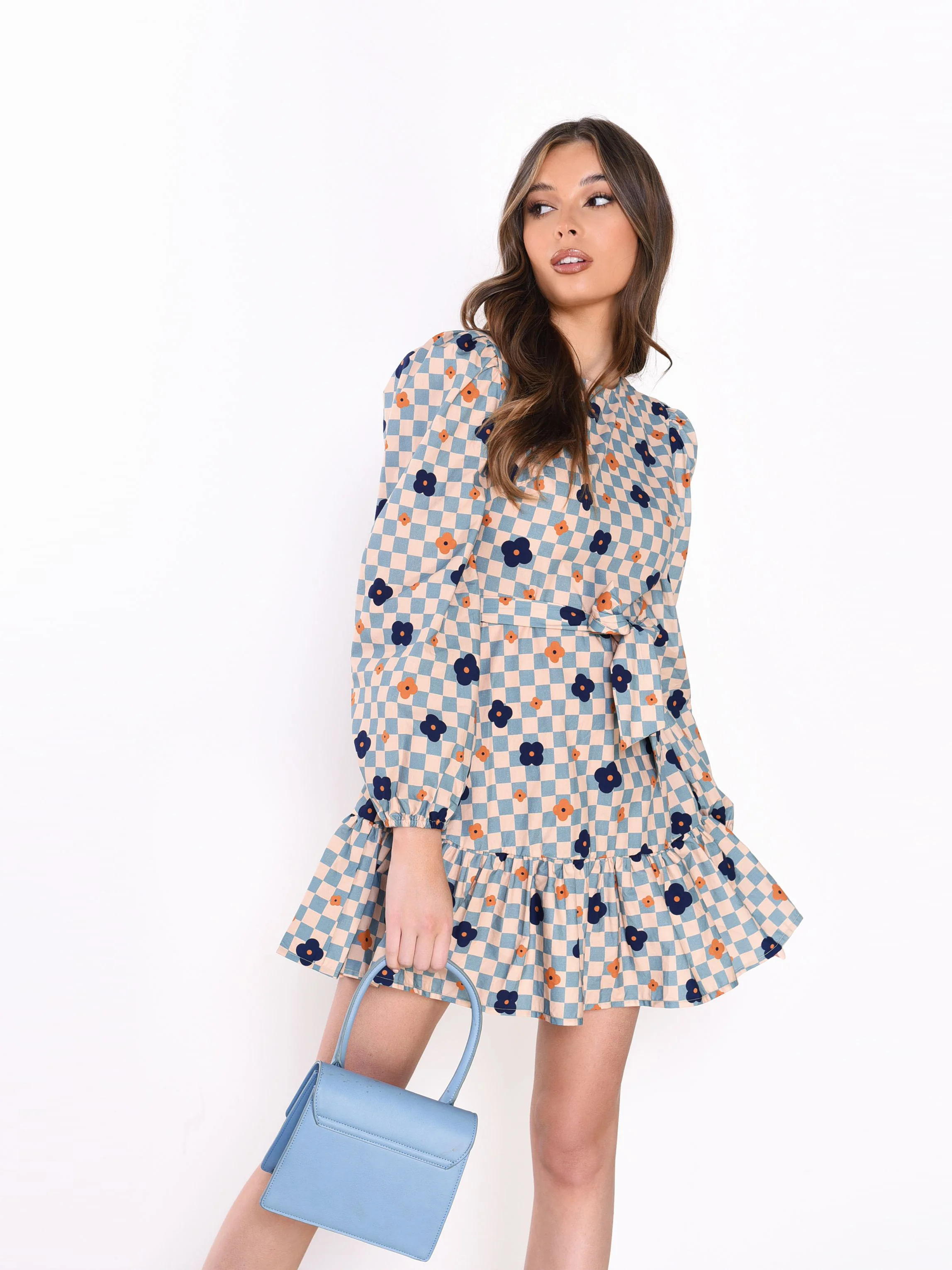 Glamorous Blue Check Flower Tie Waist Mini Dress - Image 3