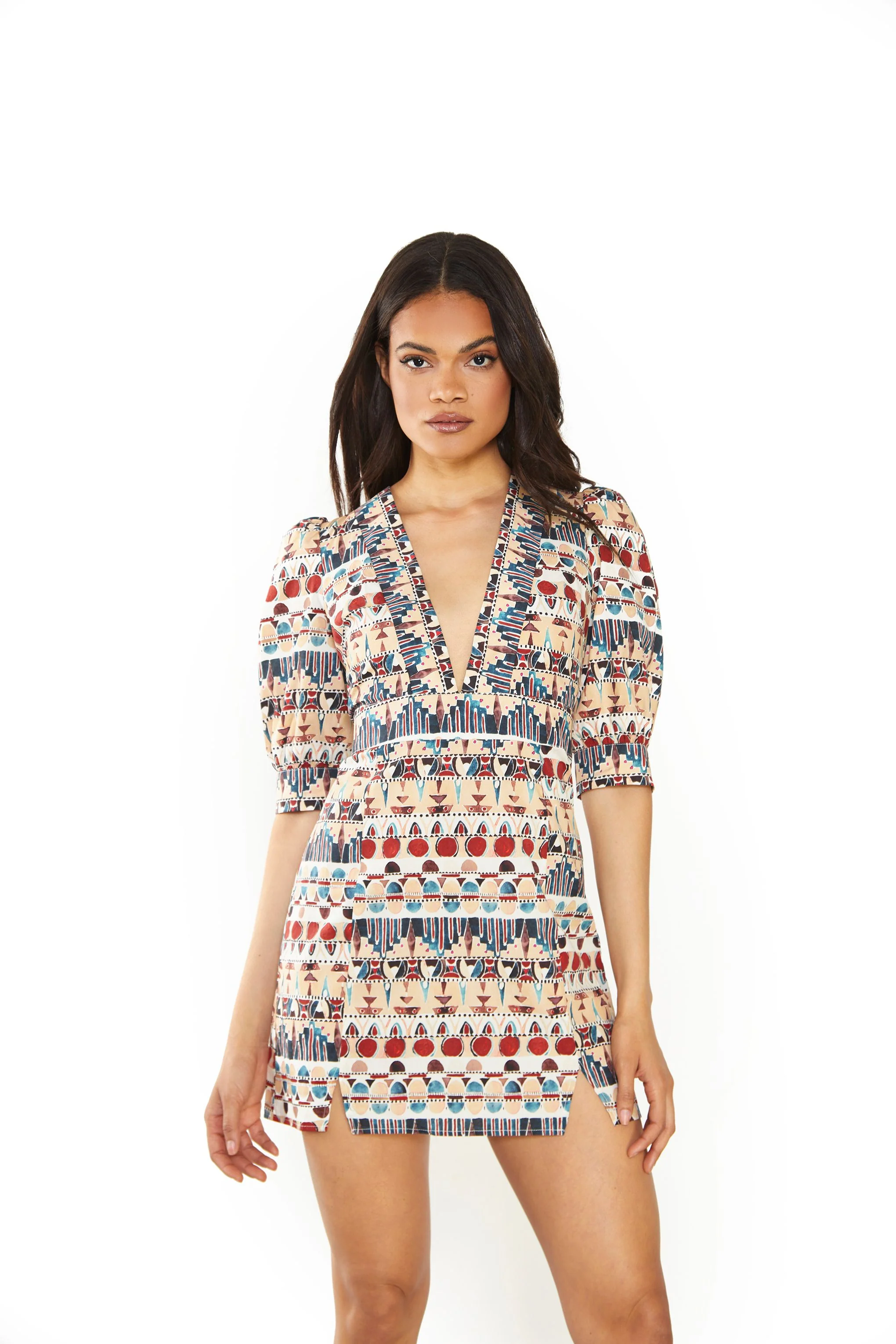 Glamorous Brown Multi Tribal V- Neck Side Split Mini Dress - Image 3