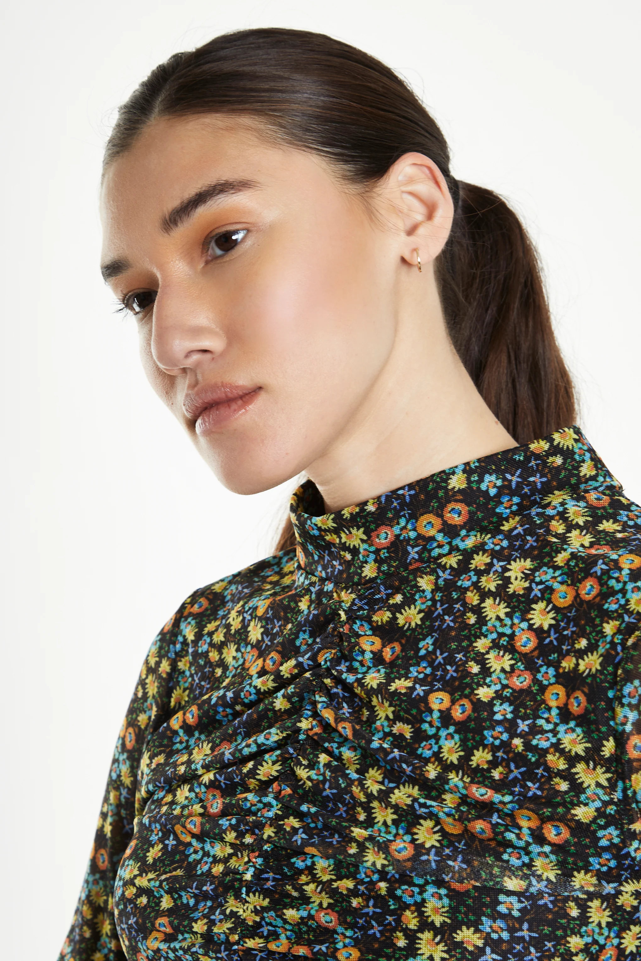 Glamorous Black Multi Floral Mesh Long Sleeved Ruched Mini Dress - Image 3