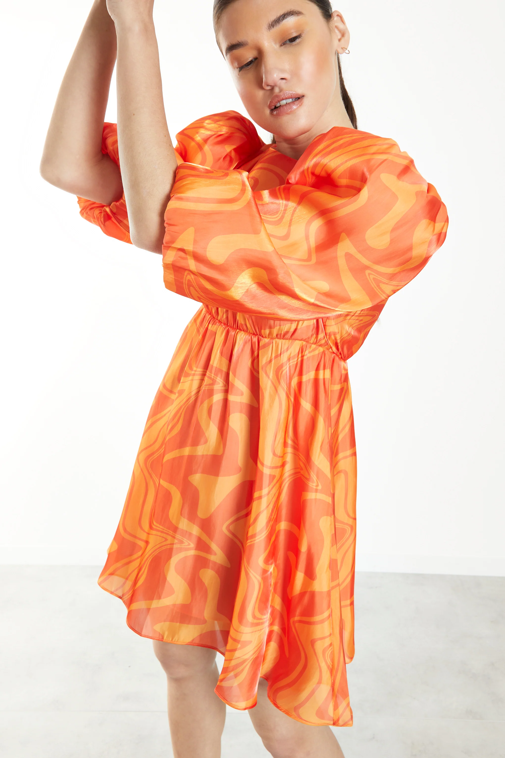 Glamorous Orange Marble Volume Puff Sleeve Mini Dress - Image 3